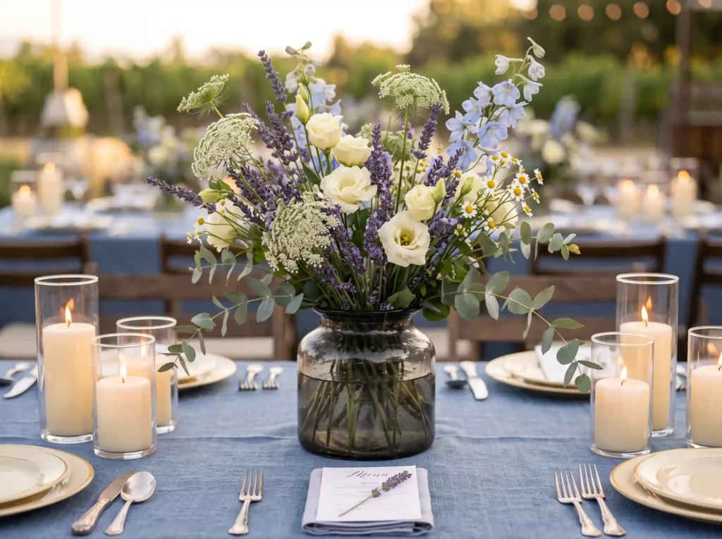Lavender Field Romance Inspiration Inspired by b Lavender centerpiece with flowers K