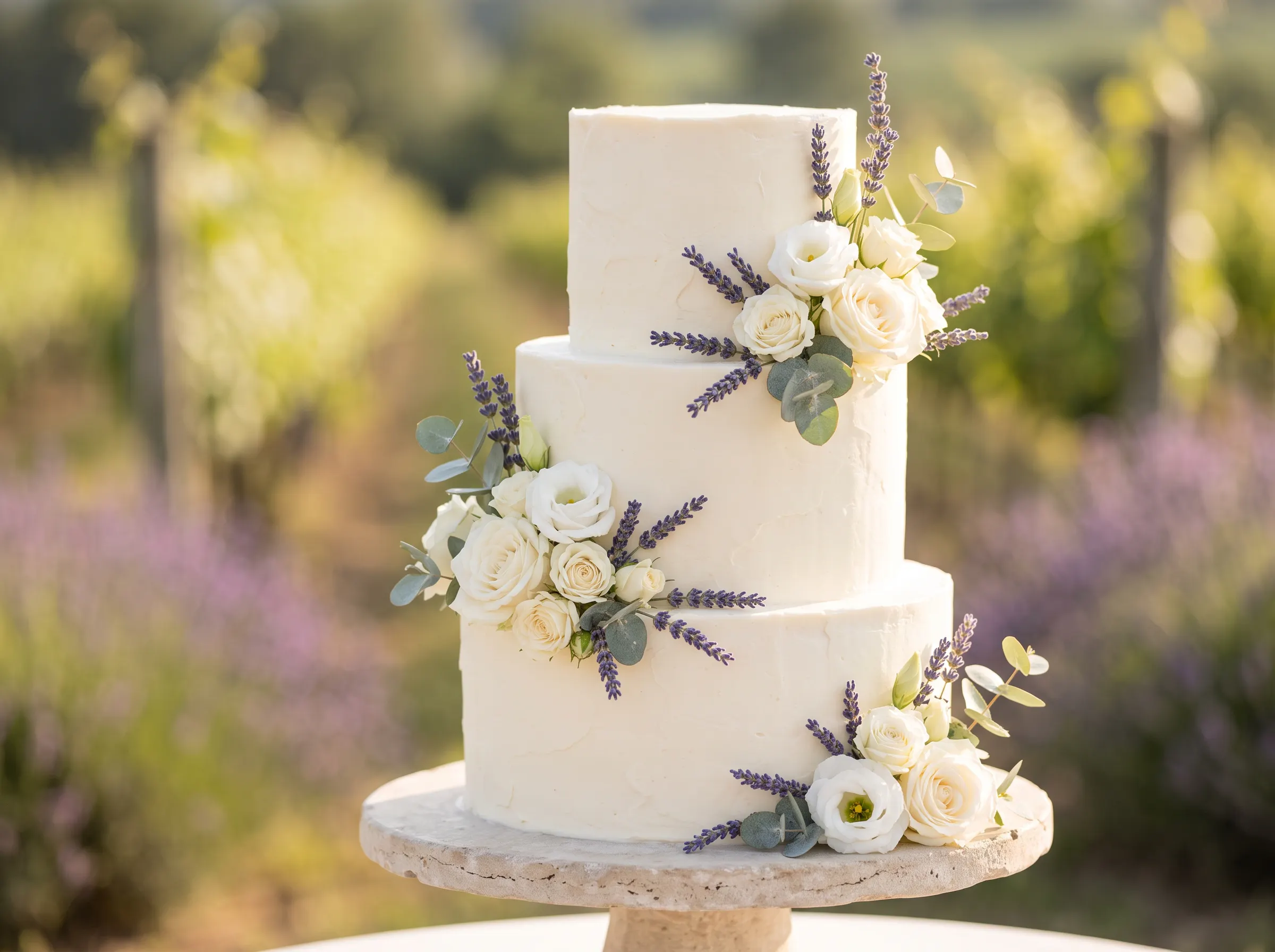 Dreamy vineyard wedding cake with fresh lavender sprigs and purple floral accents on buttercream