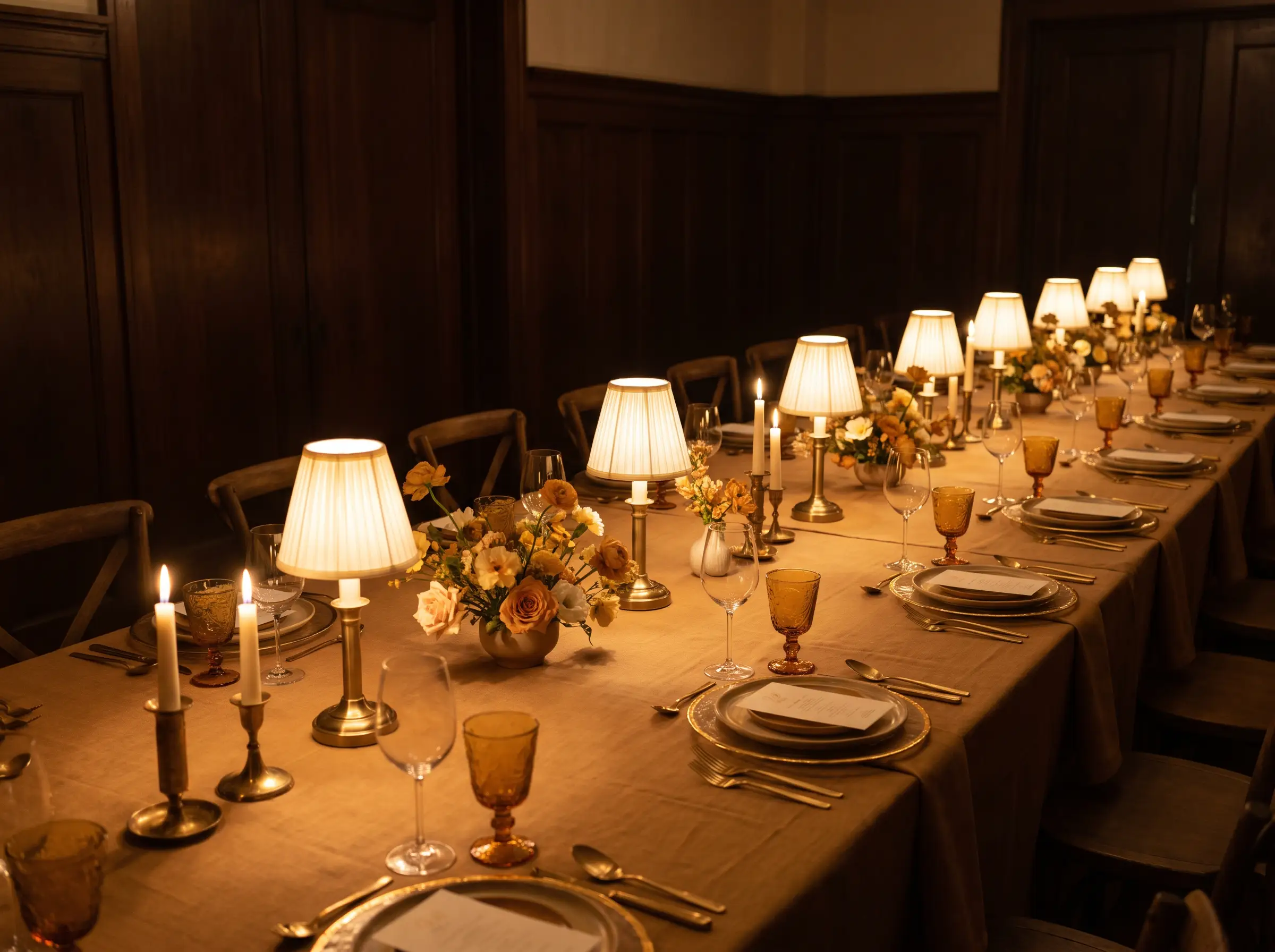 Intimate wedding supper club table lined with small glowing lamps and warm soft lighting