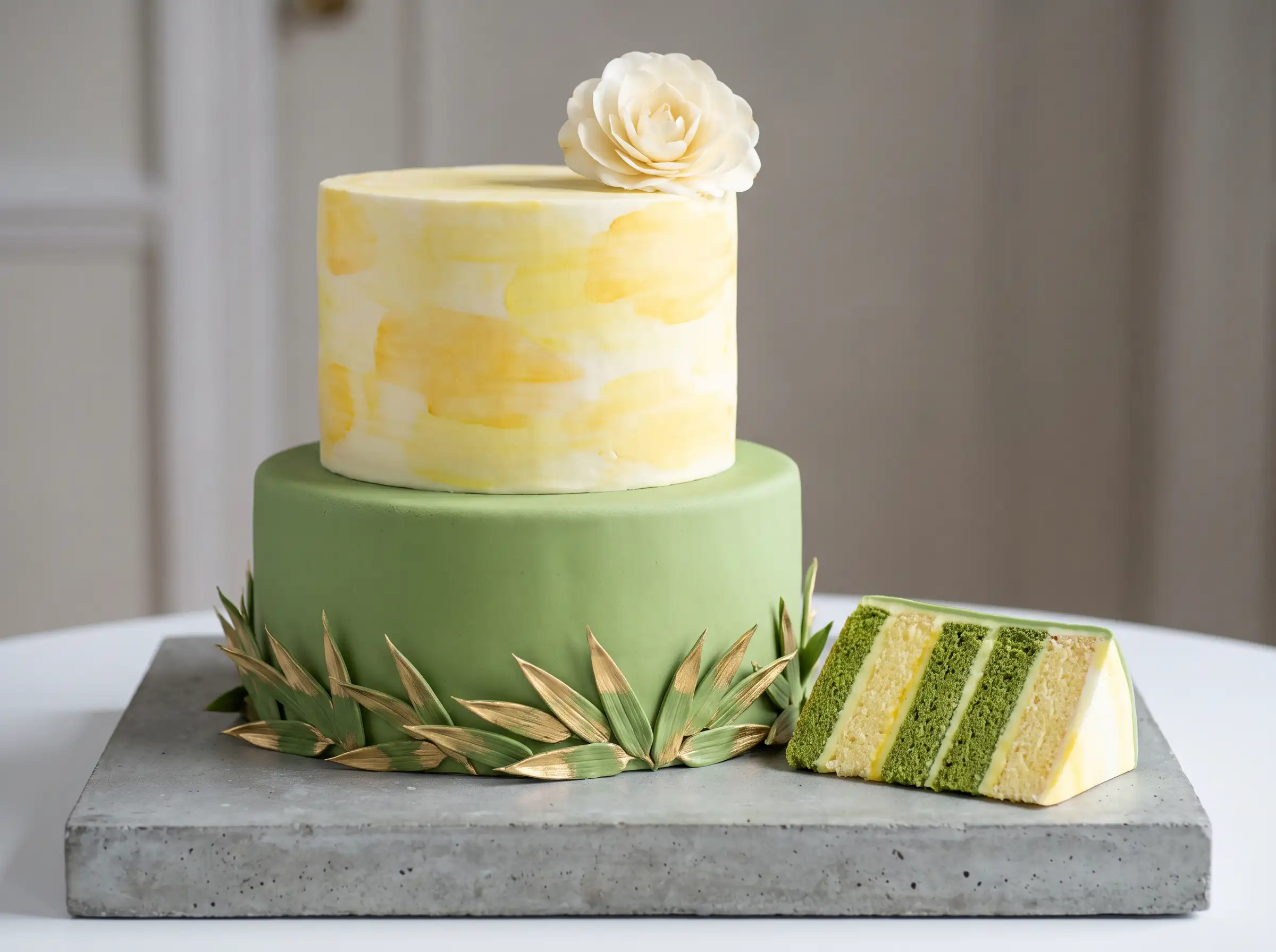 Two-tier green and yellow watercolor cake on concrete slab with gold leaves and matcha slice