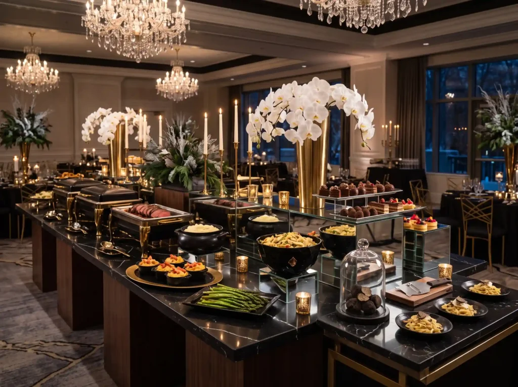 Midnight Black Tie Buffet Inspiration Designed f Luxury buffet black marble gold