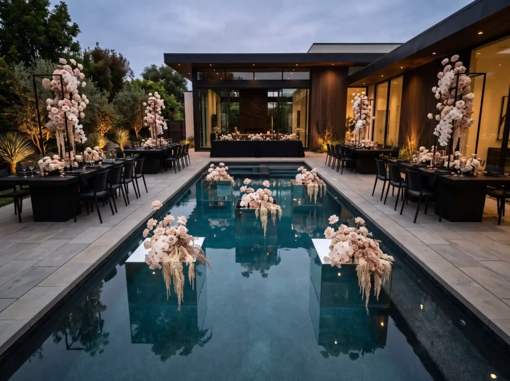 Modern Black and Blush Luxe Inspiration Contempo Modern reception with floral scu…