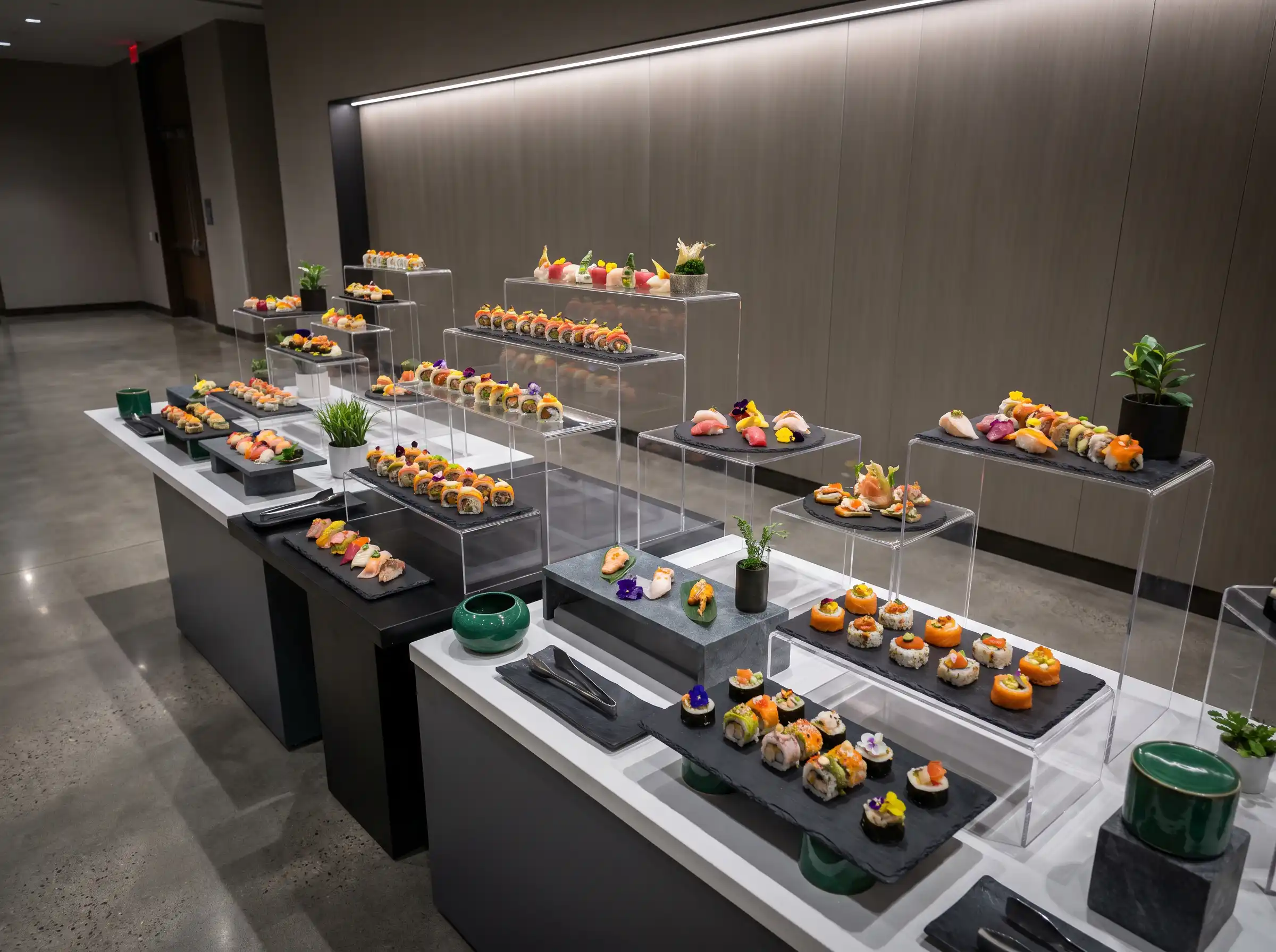 Modern sushi sculpture station with floating acrylic platforms colorful sushi and gallery-style lighting