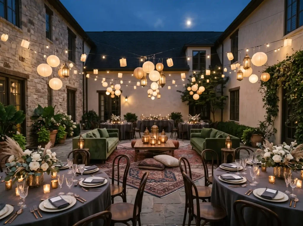 Moonlit Boho Courtyard Inspiration Soft candleli Boho courtyard reception candlel… K