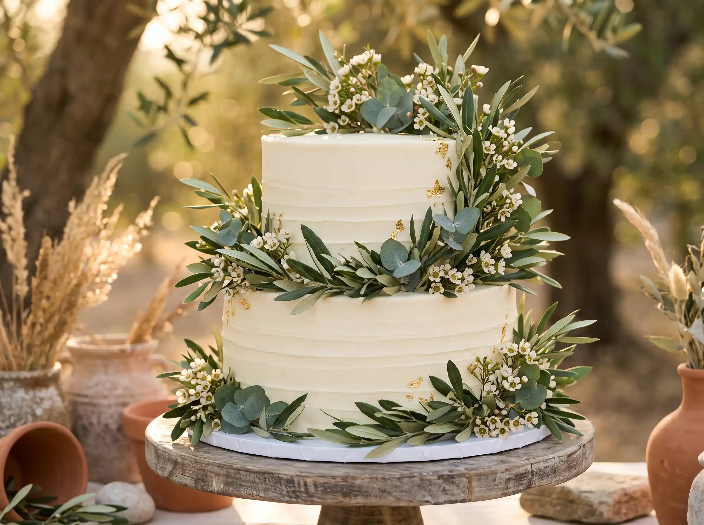 Mediterranean-inspired wedding cake adorned with olive branches and soft green foliage