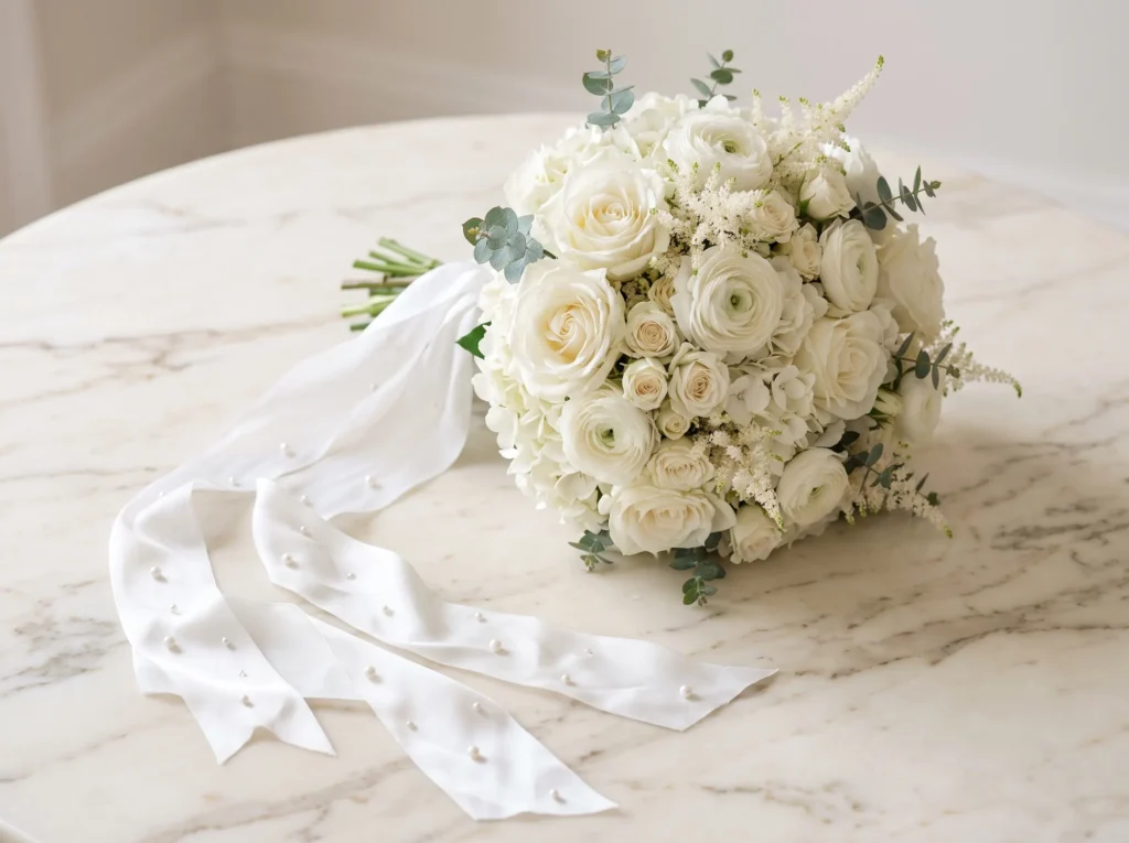 Pearl Blossom Luxe Inspiration Inspired by moder Bridal bouquet with pearl detailing