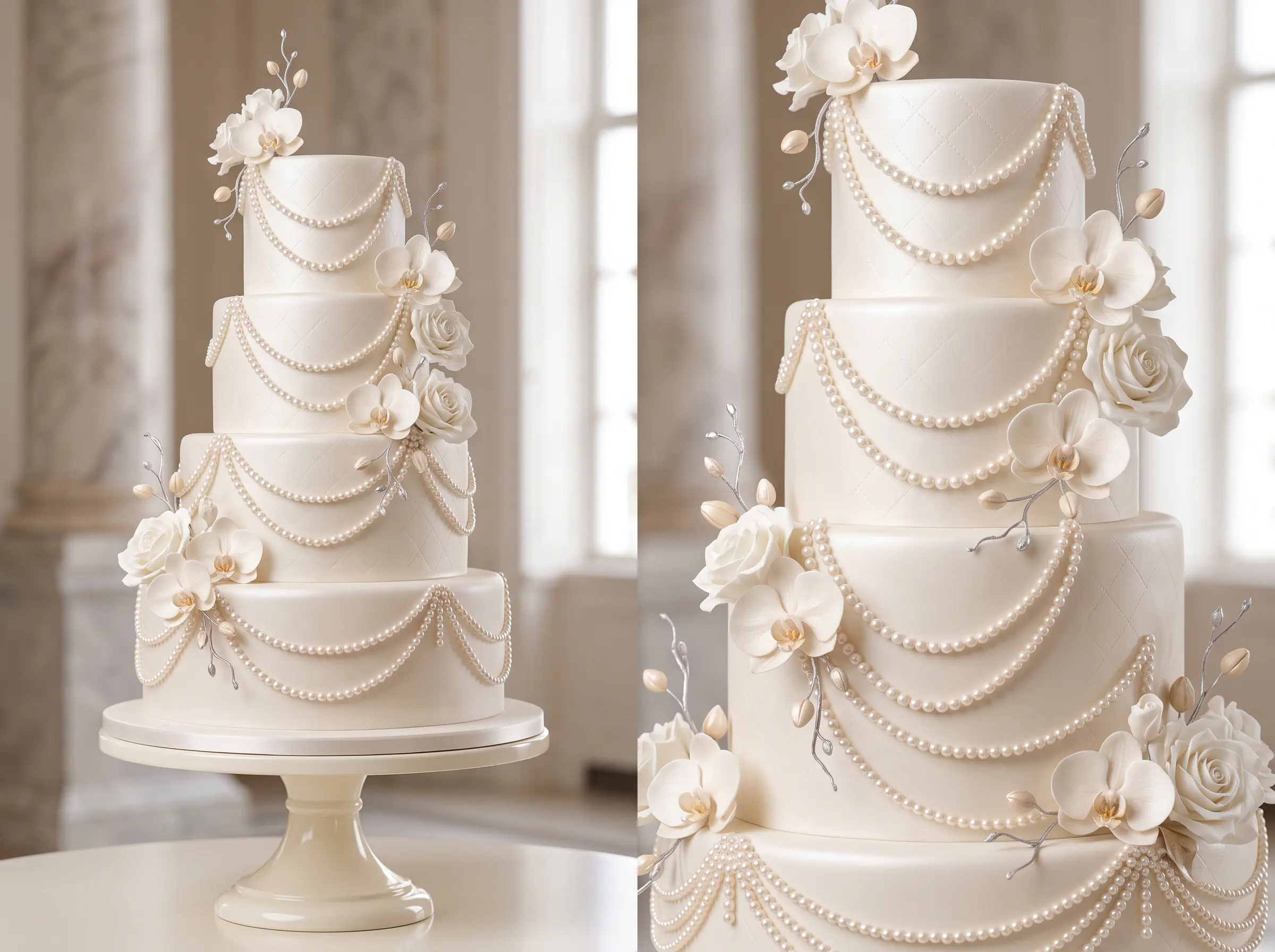 Elegant white wedding cake with cascading pearl embellishments flowing down multiple luminous tiers