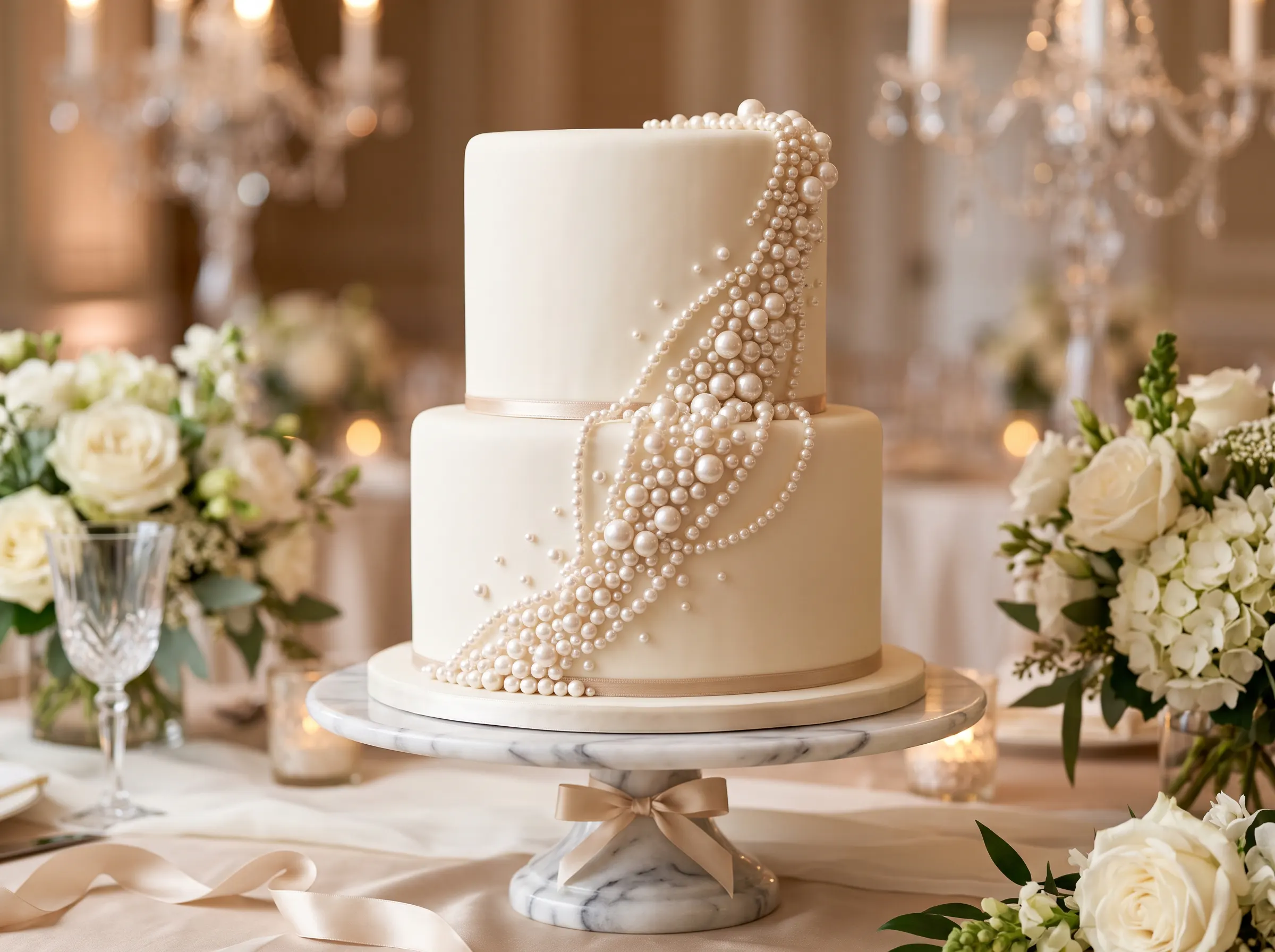 Luxurious two-tier wedding cake with cascading sugar pearls inspired by modern bridal jewelry