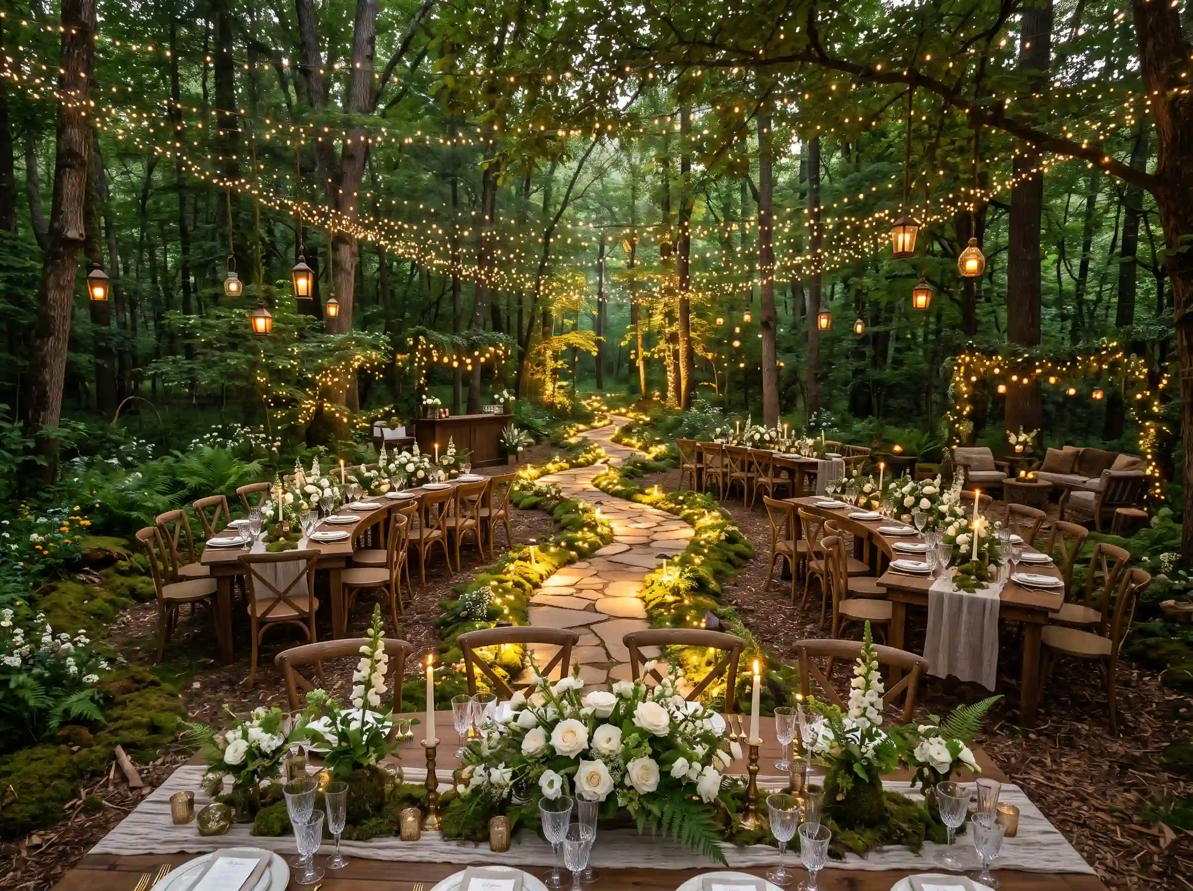 Curved dining tables beneath mature trees with ferns, moss accents, and fairy lights woven through branches