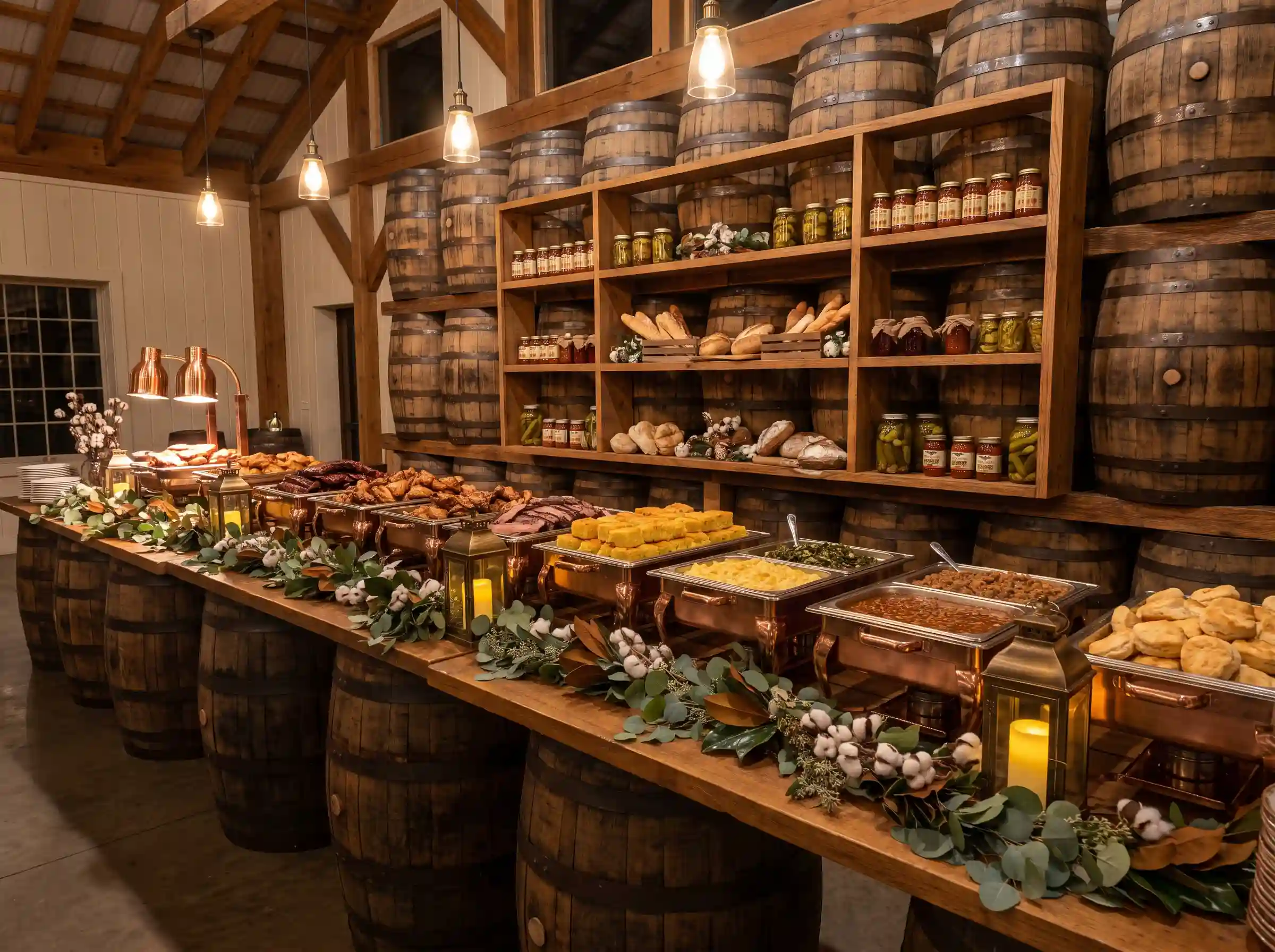 Southern bourbon barrel smokehouse wedding buffet with copper chafing dishes and whiskey barrel wall