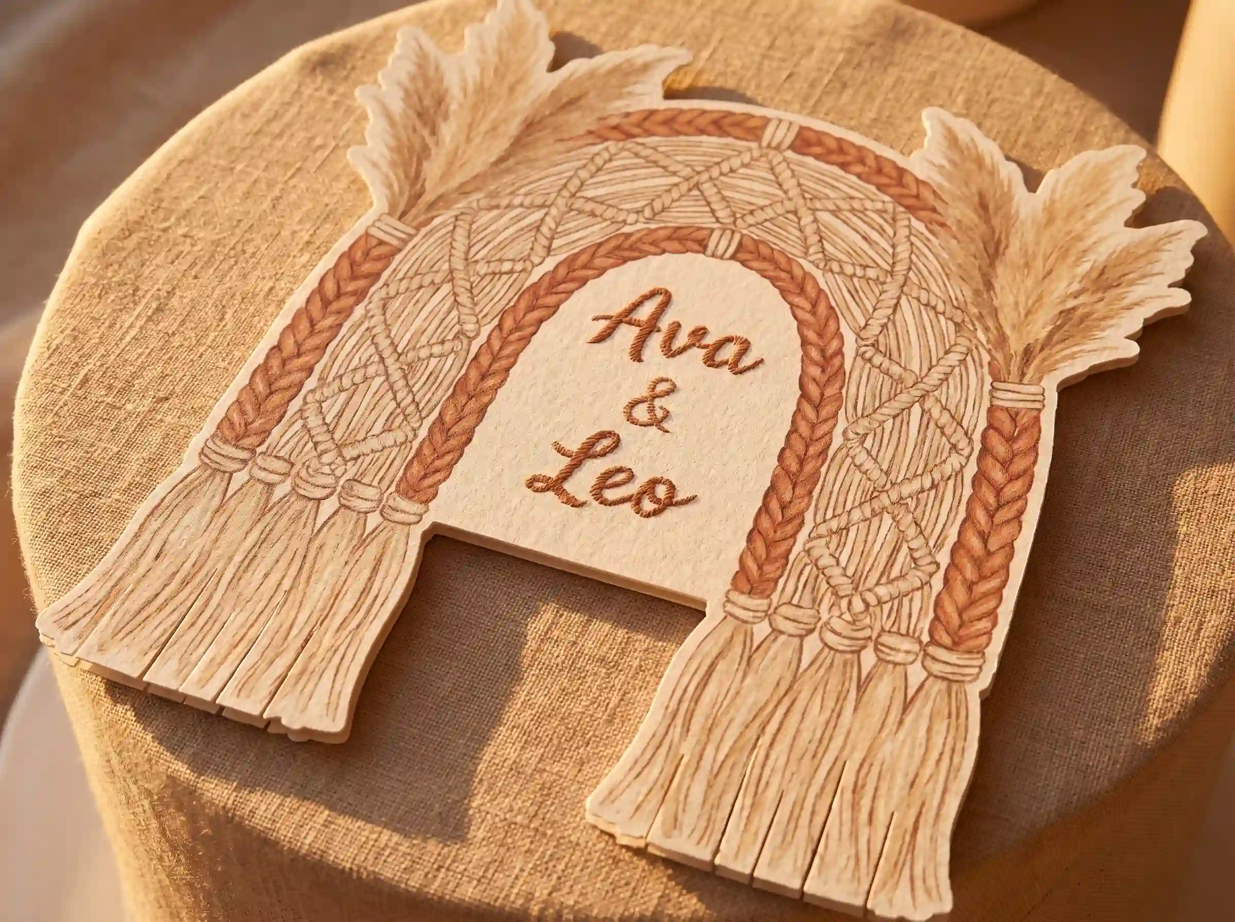 Boho macramé arch cake topper with knotted rope texture and pampas grass