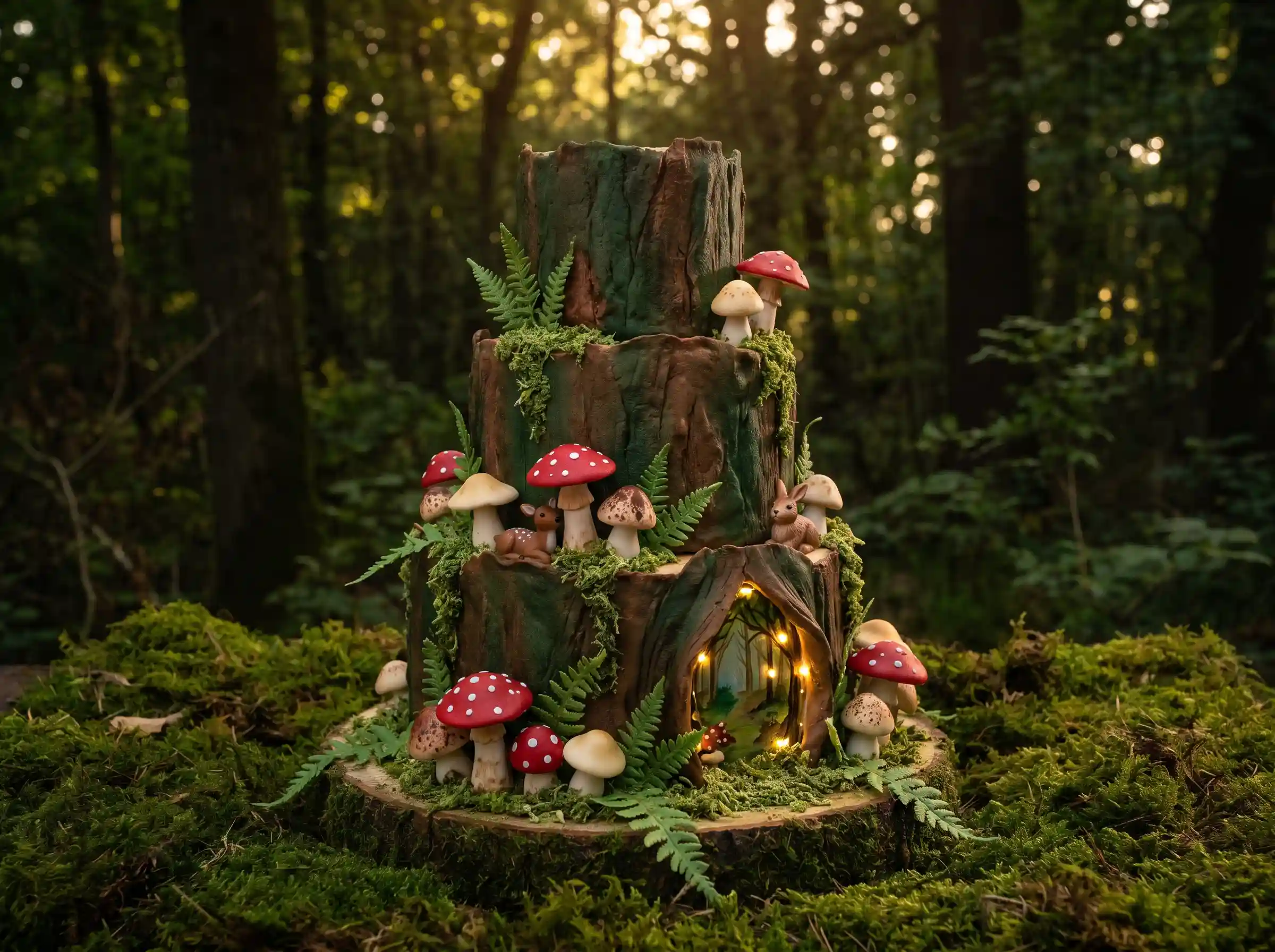 Enchanted forest wedding cake with sculpted fondant toadstools edible moss and miniature woodland animals