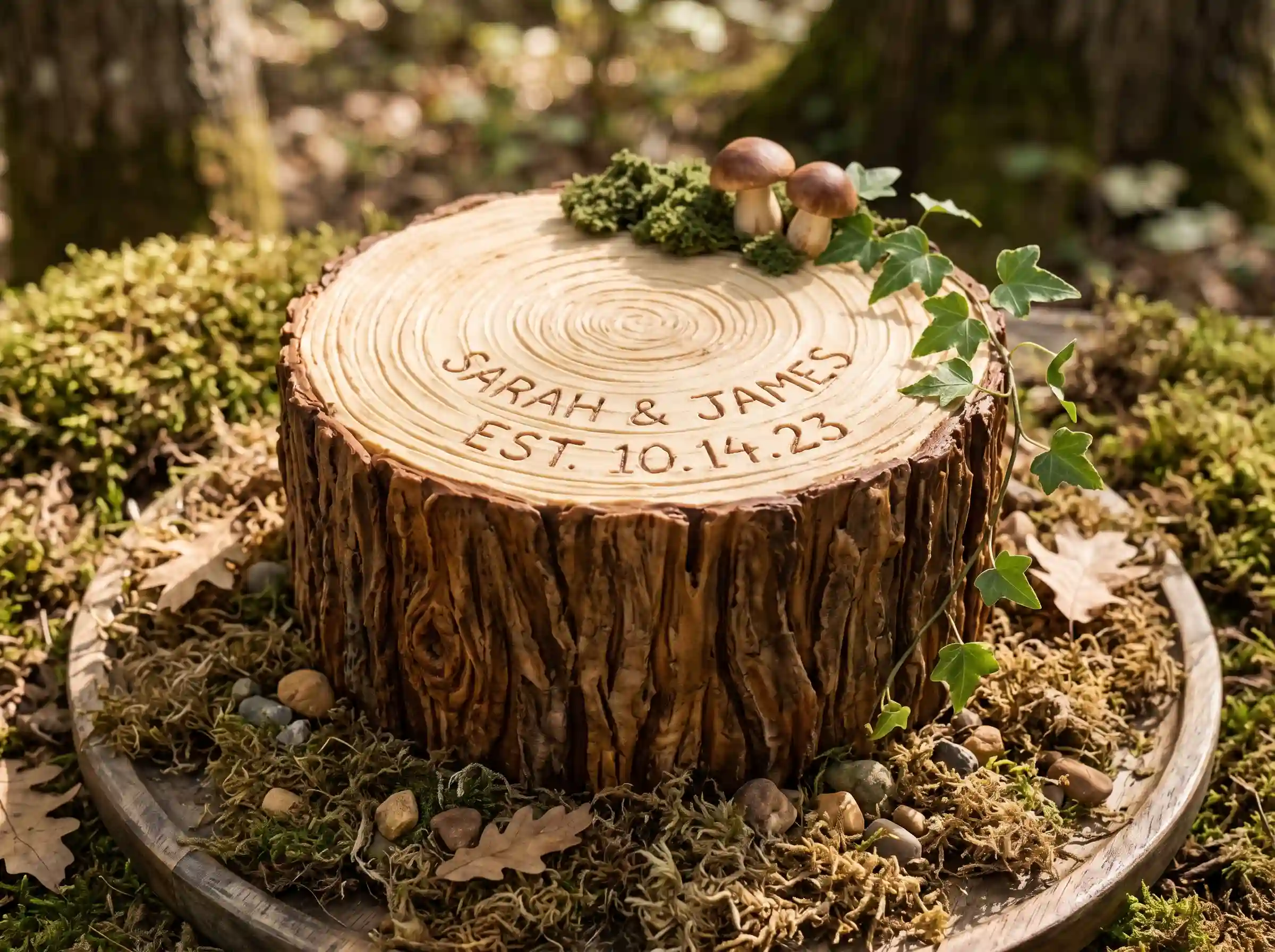 Sculpted faux bois tree stump wedding cake with edible moss fondant mushrooms and carved names