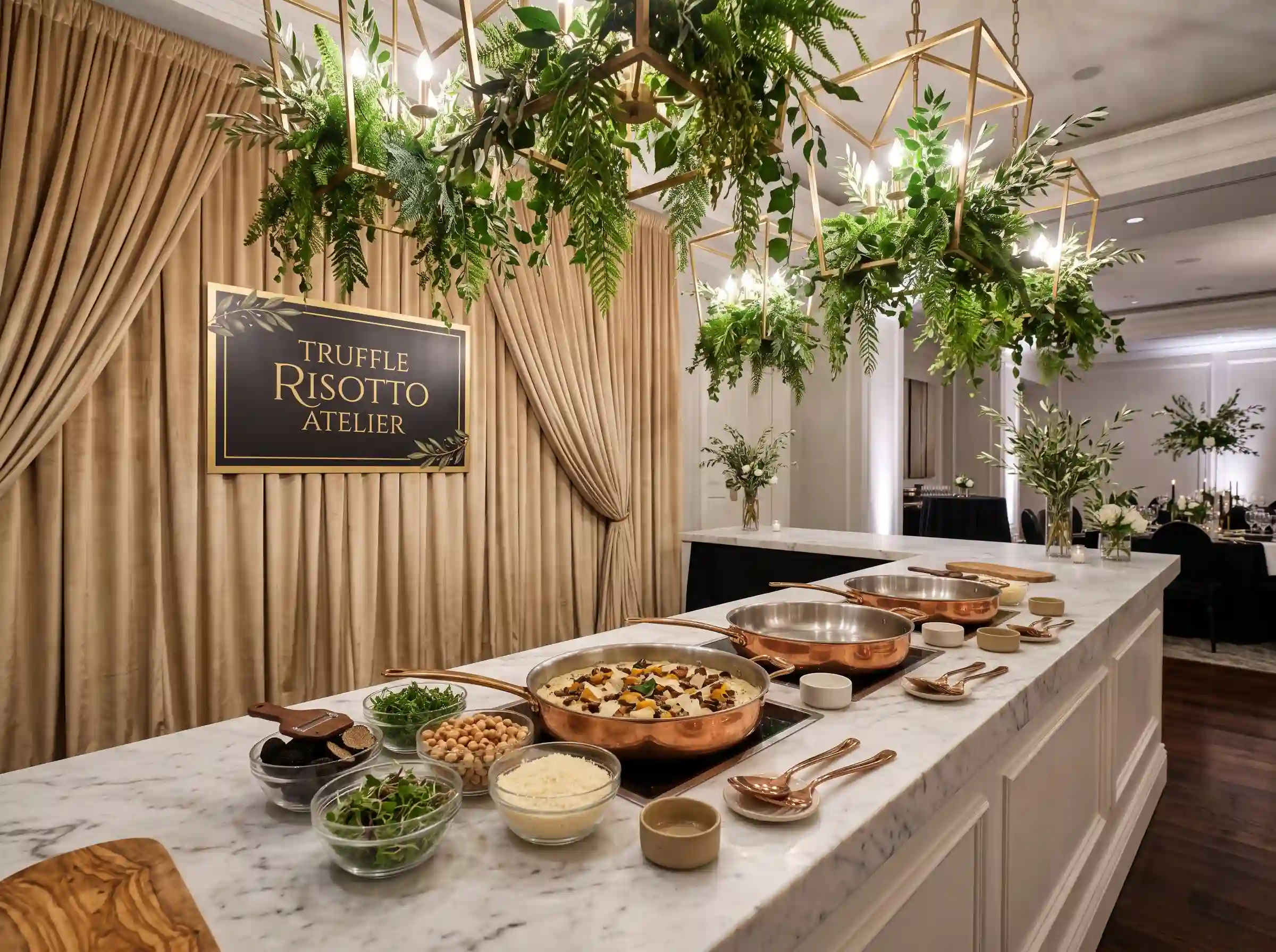 Luxury truffle risotto station with marble counter copper pans and brass chandeliers at wedding reception