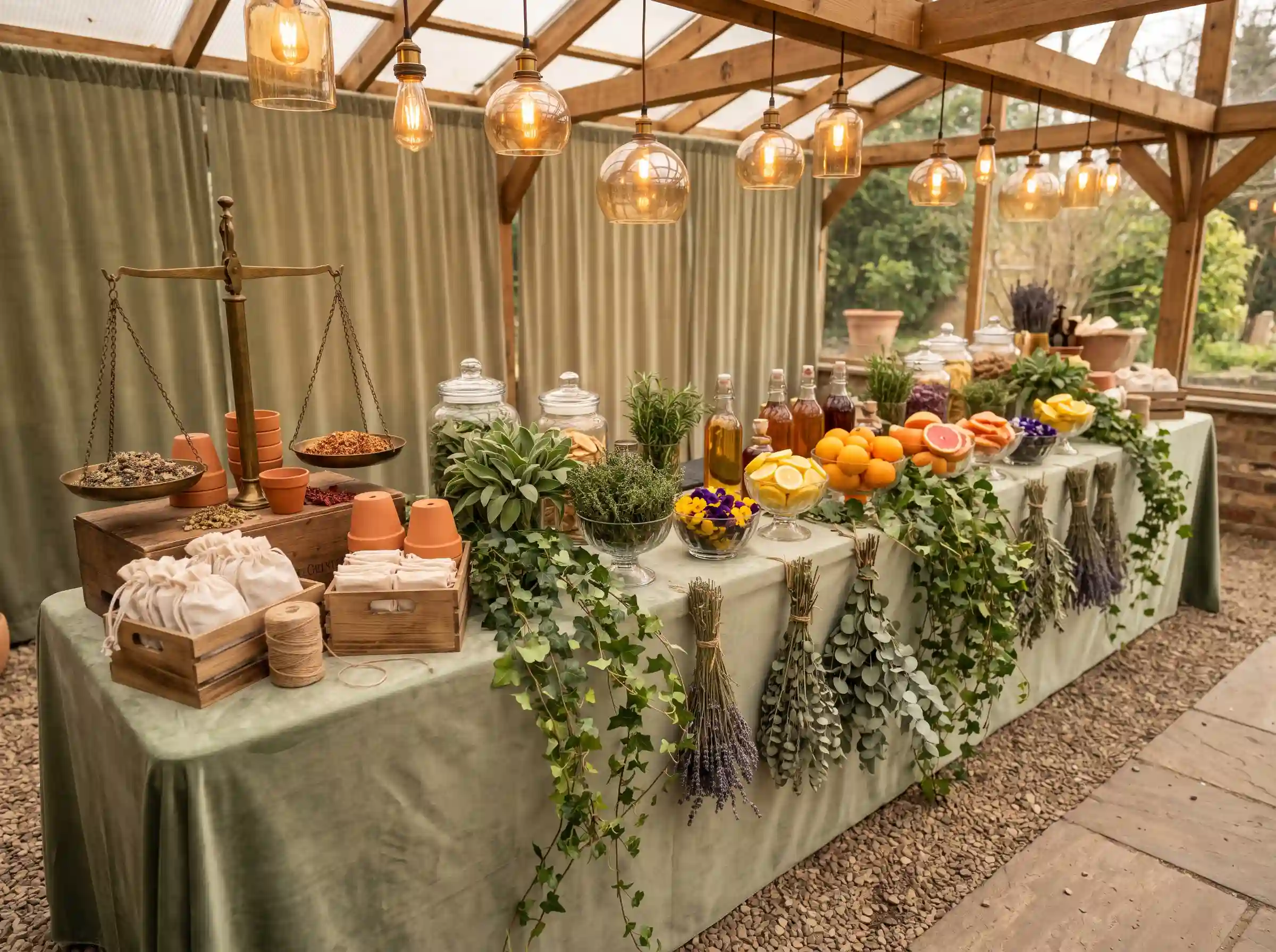 Greenhouse herb and citrus garnish bar with glass apothecary jars brass scale trailing ivy and amber pendant lighting