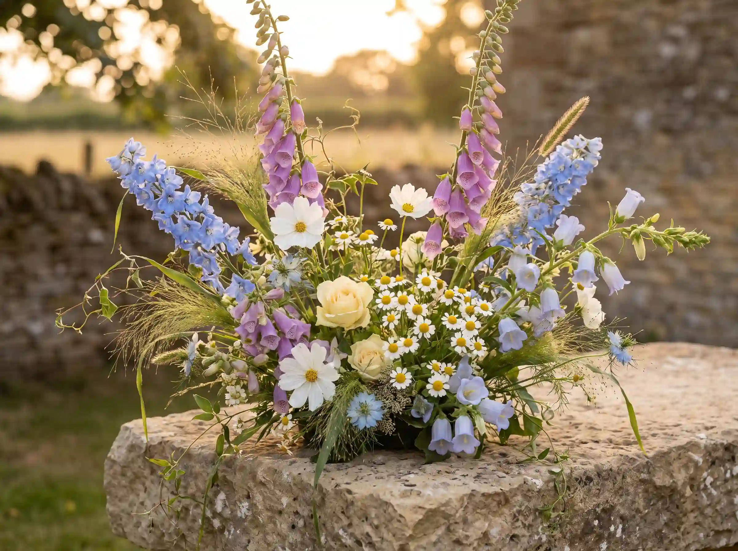 Wild meadow elegance wedding arrangement with foxglove delphinium cosmos and chamomile in sunset light