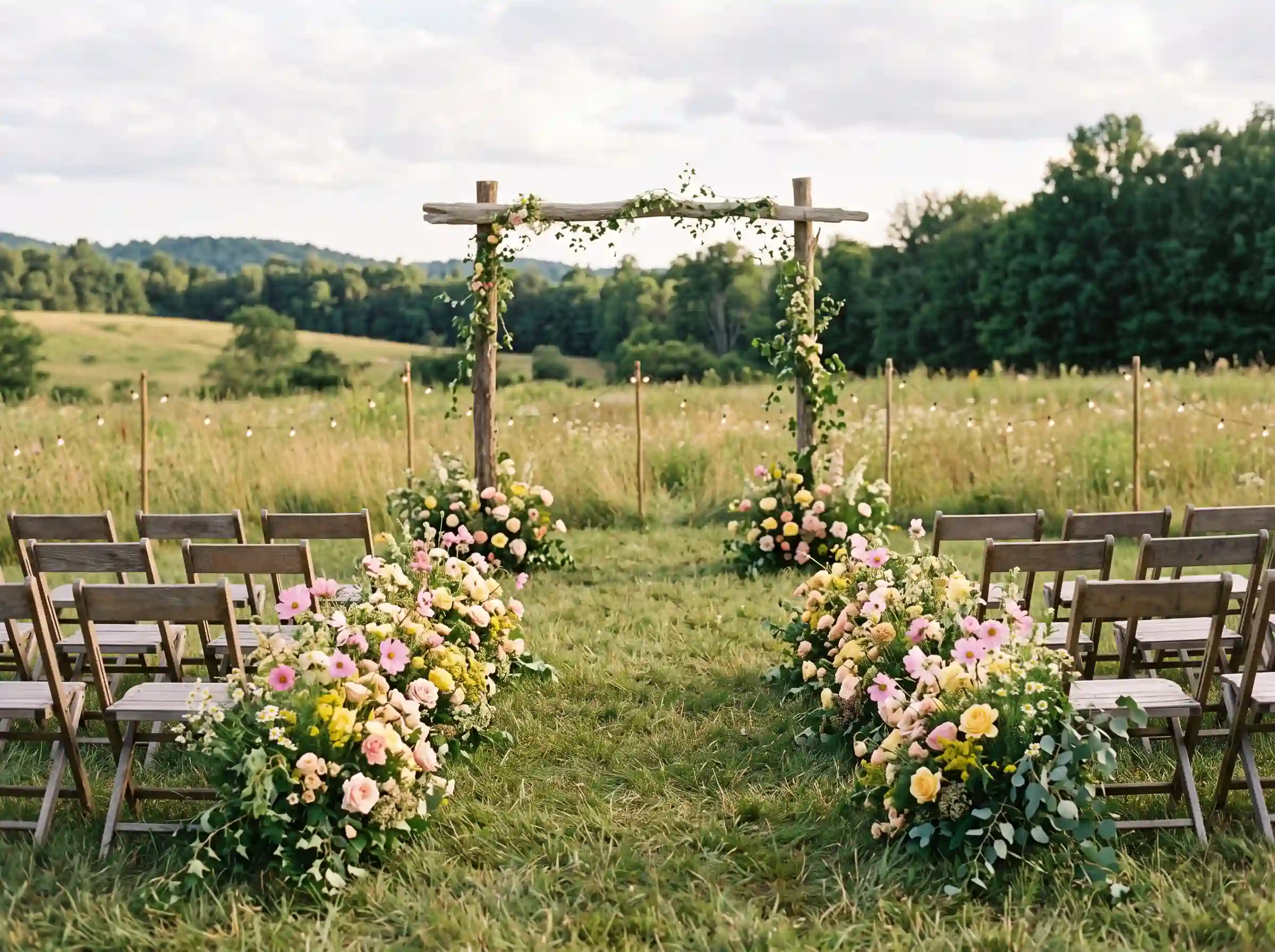 Outdoor ceremony with lush wildflower ground clouds of cosmos and roses at the aisle entrance and altar base