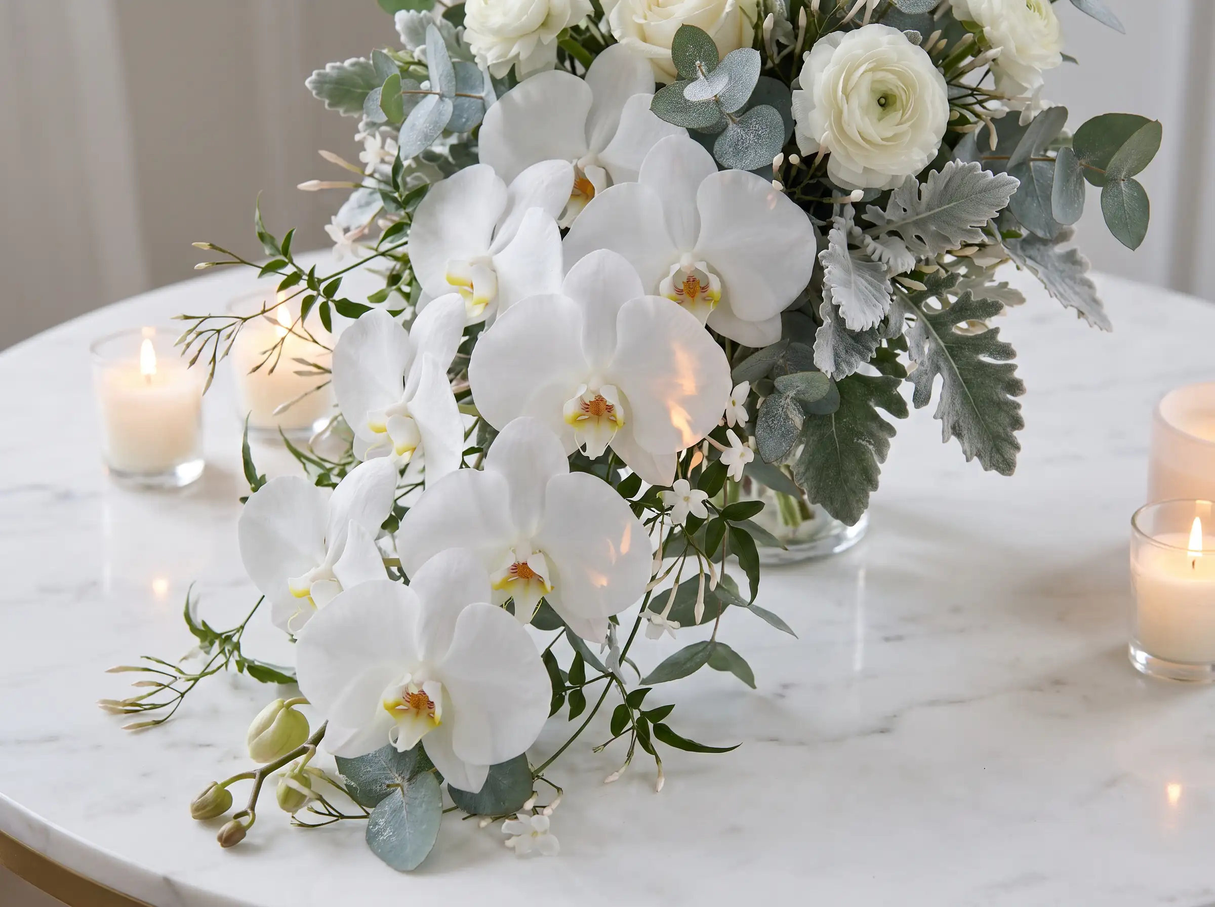 Cascading white phalaenopsis orchid bouquet with ranunculus for luxury winter wedding