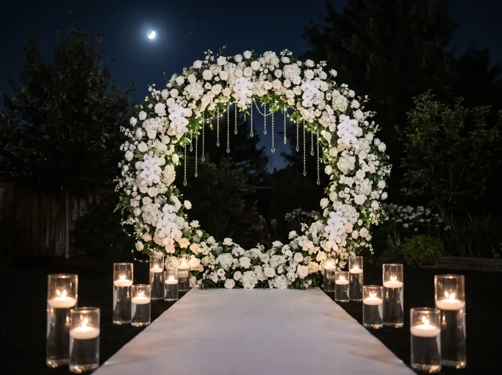 Moonlit White Garden Inspiration Created for cou White floral moon arch ceremony