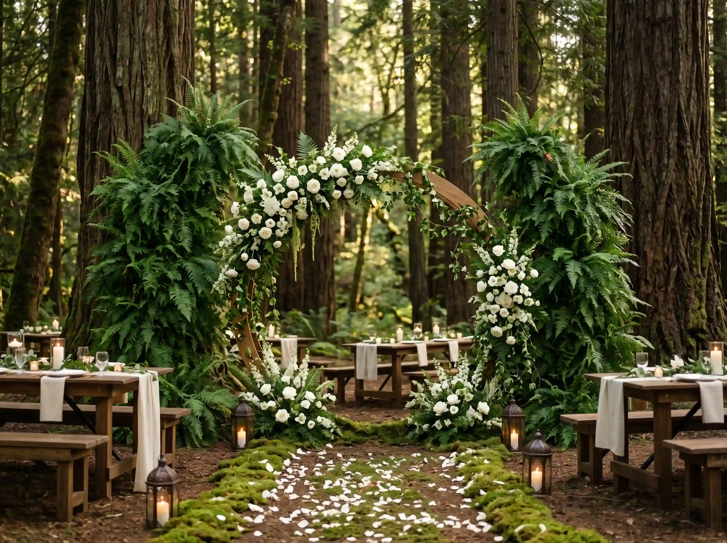 Woodland wedding ceremony among tall trees with fern-covered arch and moss-lined aisle