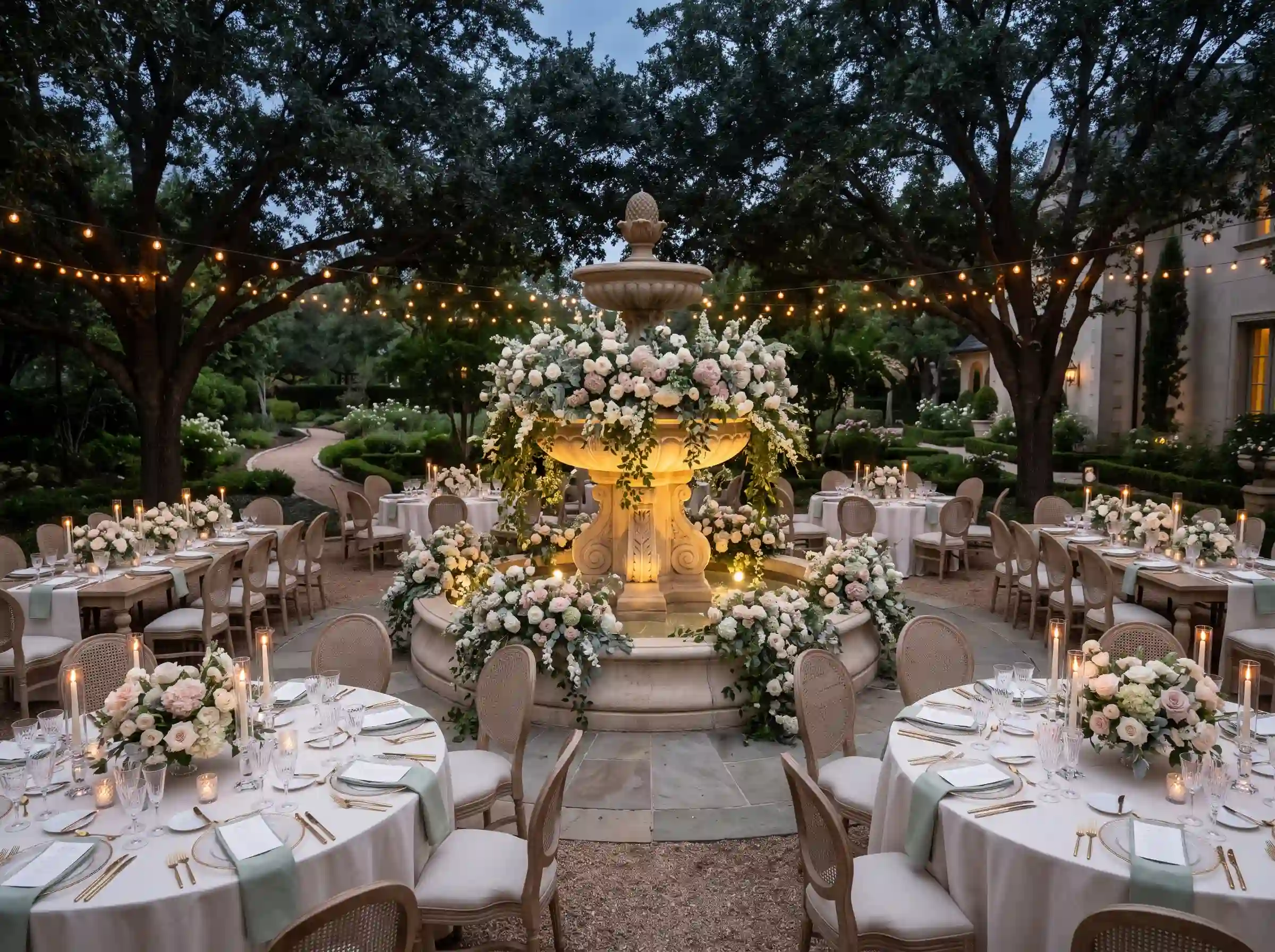 Garden fountain elegance wedding reception with a grand stone fountain centerpiece surrounded by candlelit tables