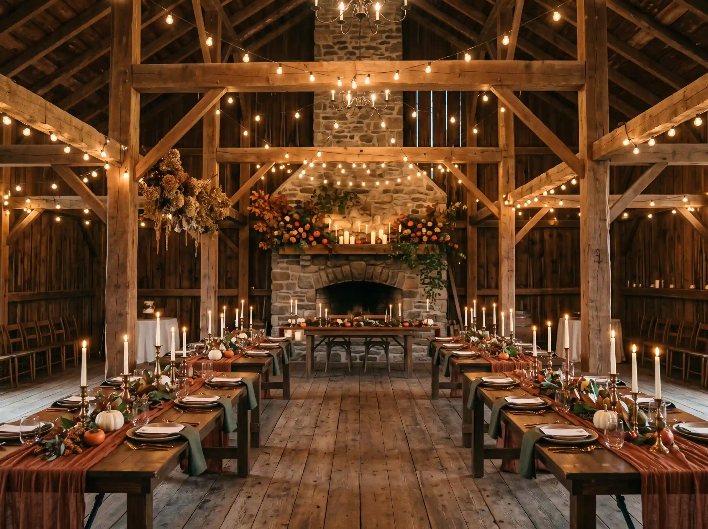 Rustic barn reception with stone fireplace string lights farmhouse tables and autumn table settings