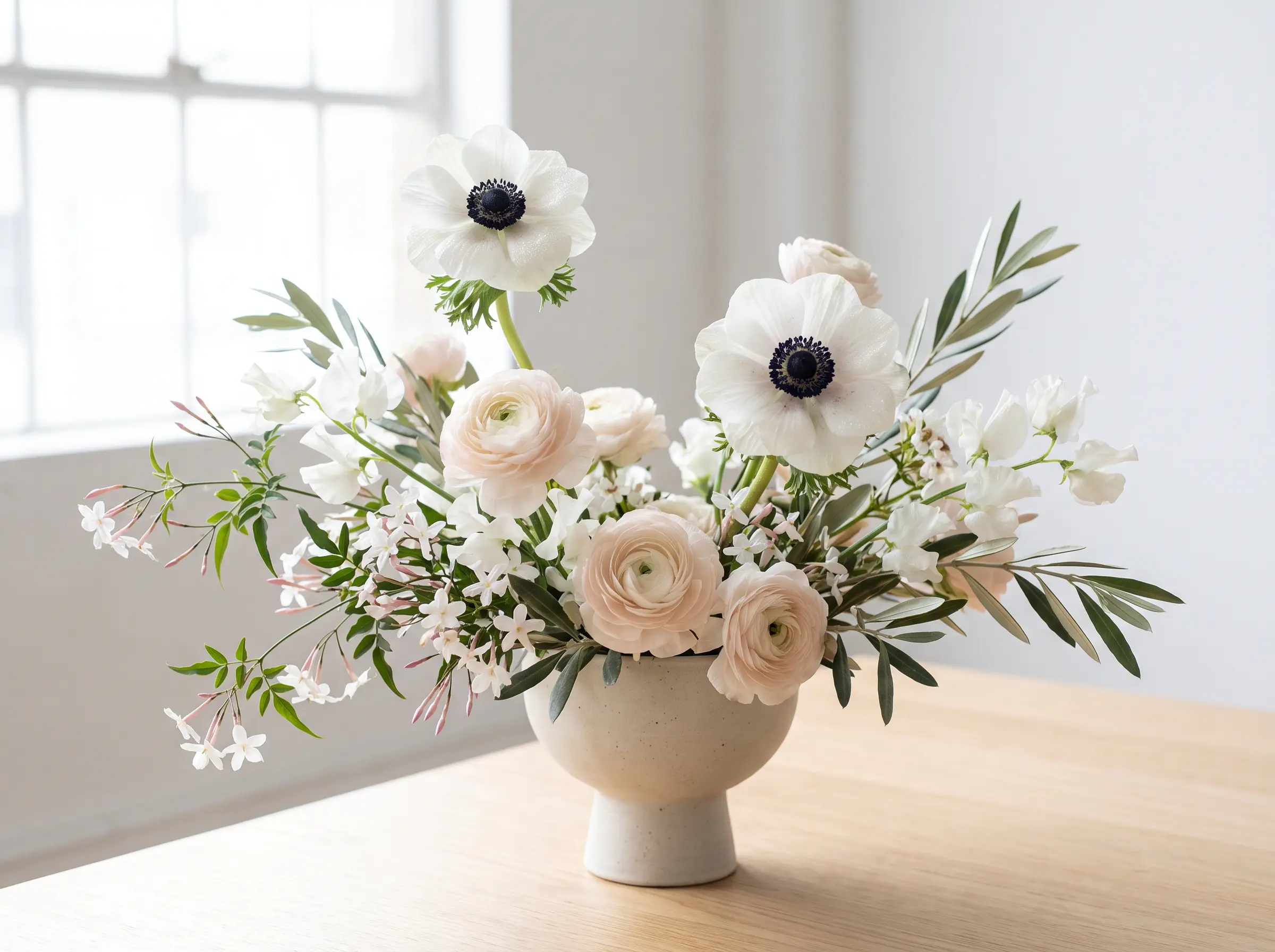 Modern anemone wedding arrangement with white black-centered anemones blush ranunculus in matte ceramic