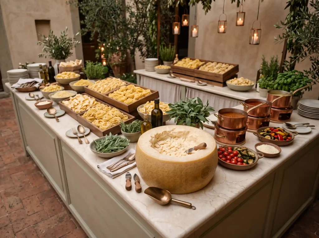 Artisan Pasta Atelier Inspiration Italian tratto Pasta bar with parmesan centerpiece