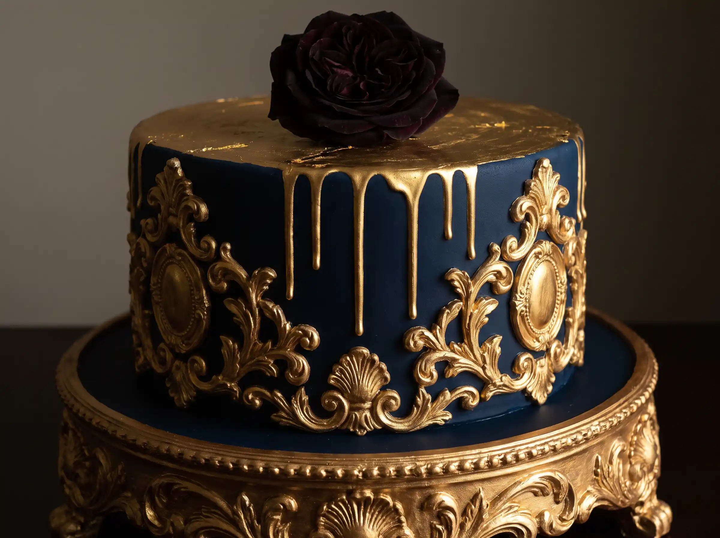 Navy blue single-tier cake with gold baroque scrollwork, gold drip, and dark rose on gold stand