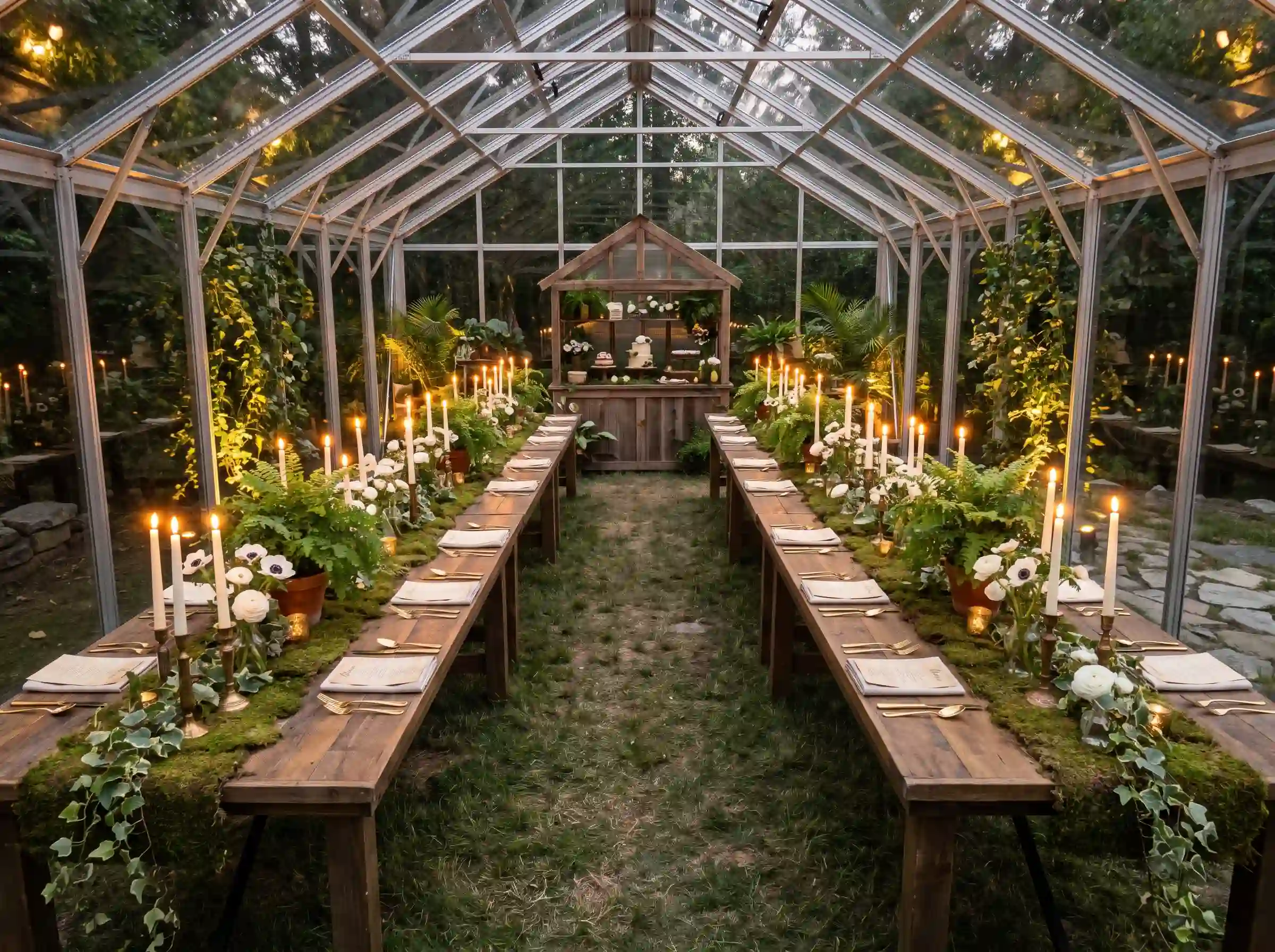 Romantic greenhouse backyard reception with hundreds of candles, moss runners, ferns, and brass accents