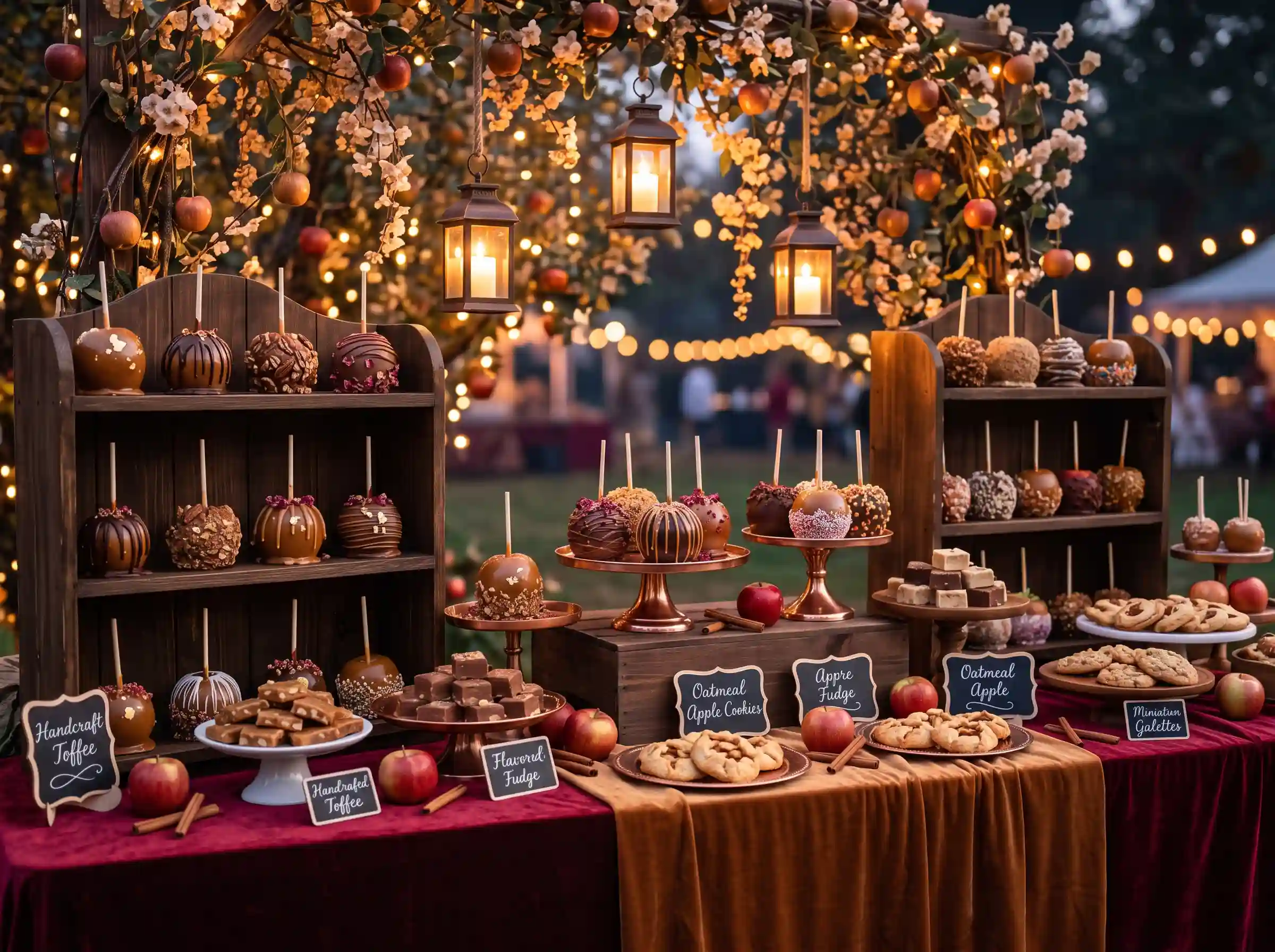 Gourmet caramel apple dessert station with chocolate drizzle toffee and lanterns at fall outdoor wedding