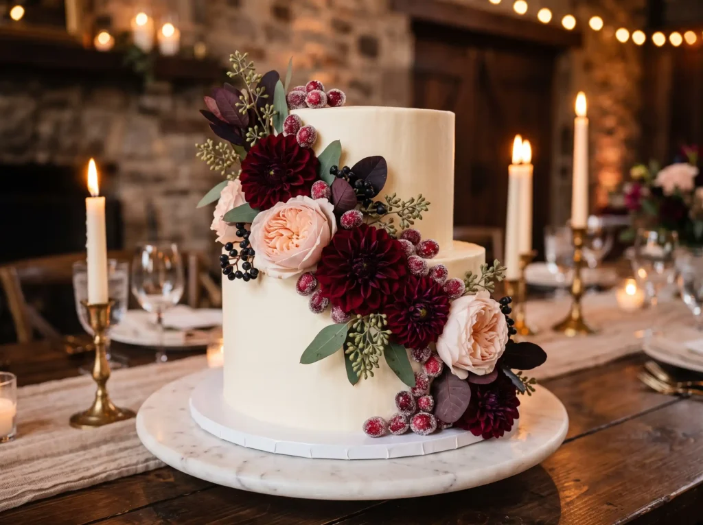 Cranberry Velvet Bloom Inspiration Rich jewel to Velvet bloom wedding cake decorated