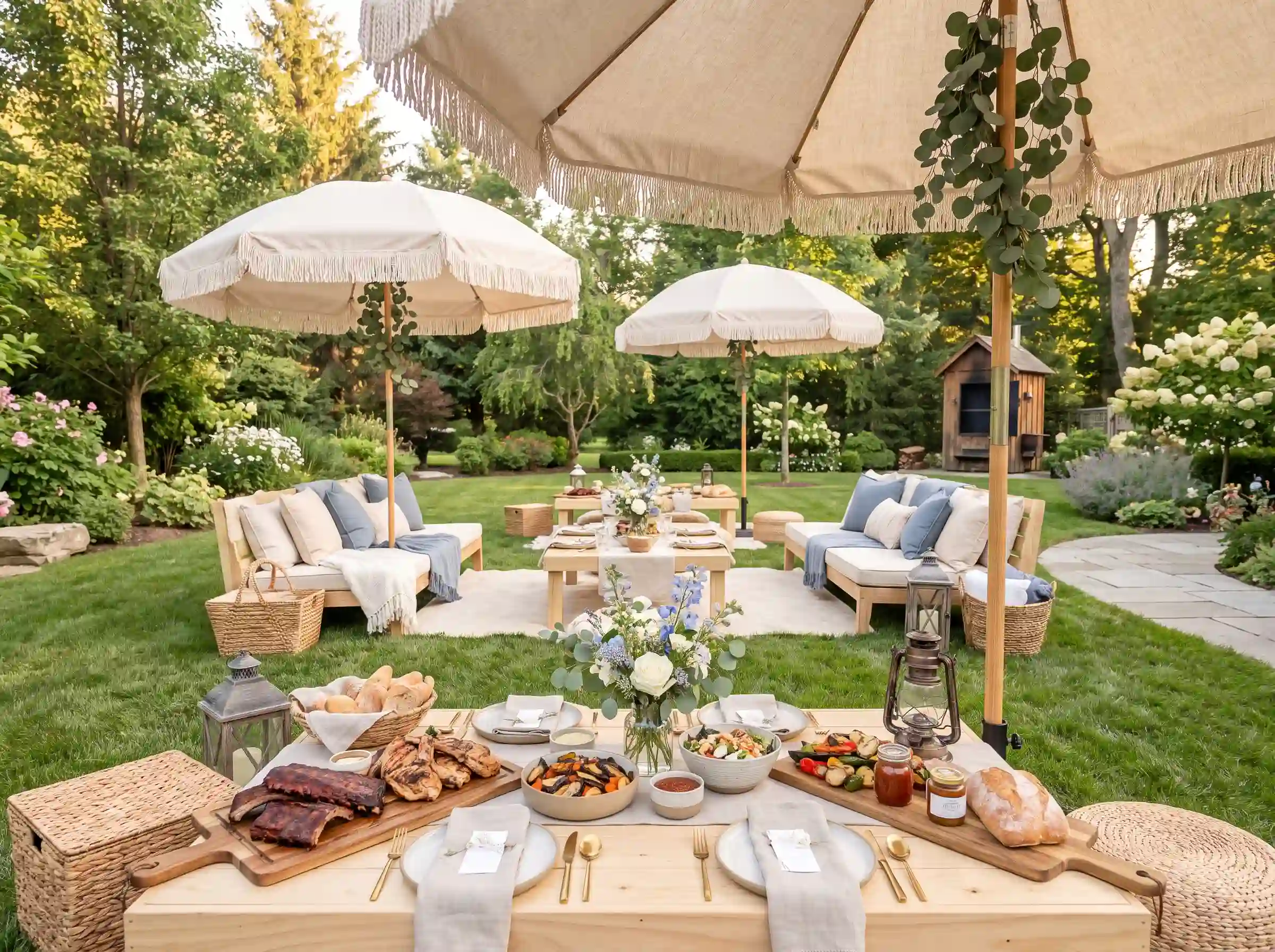 Elegant smokehouse picnic wedding with premium smoked ribs and vintage lanterns on linen