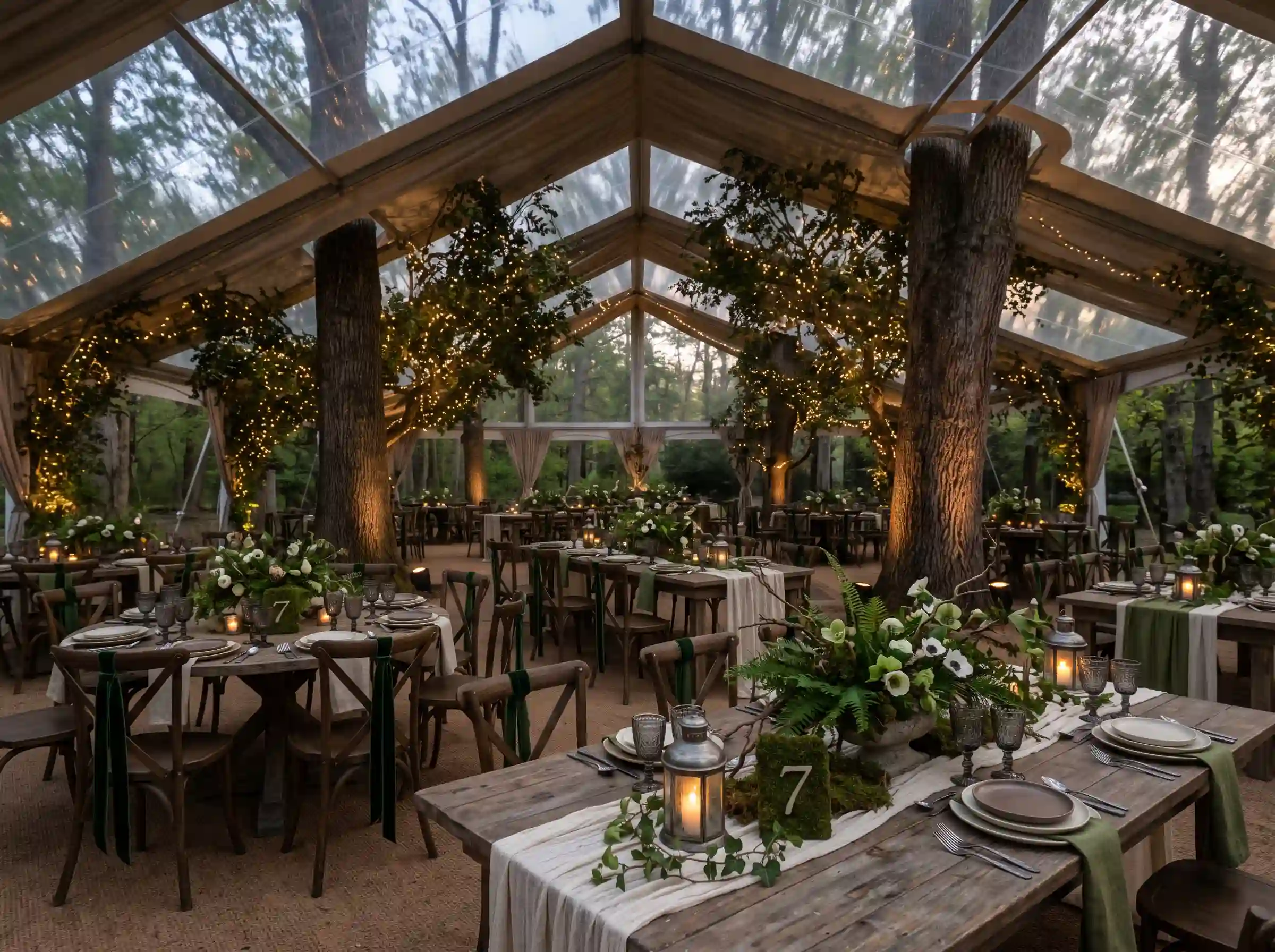 Enchanted fern woodland tent reception with moss decor and organic table layout among existing trees