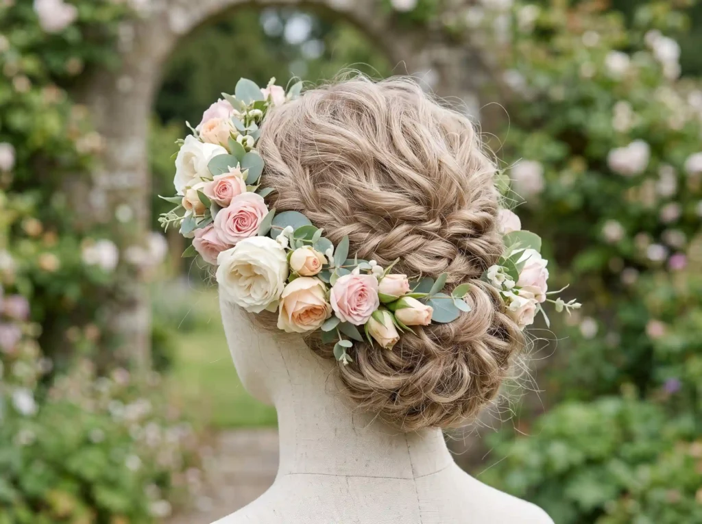 English Rose Halo Inspiration Romantic English g Floral halo bridal updo K