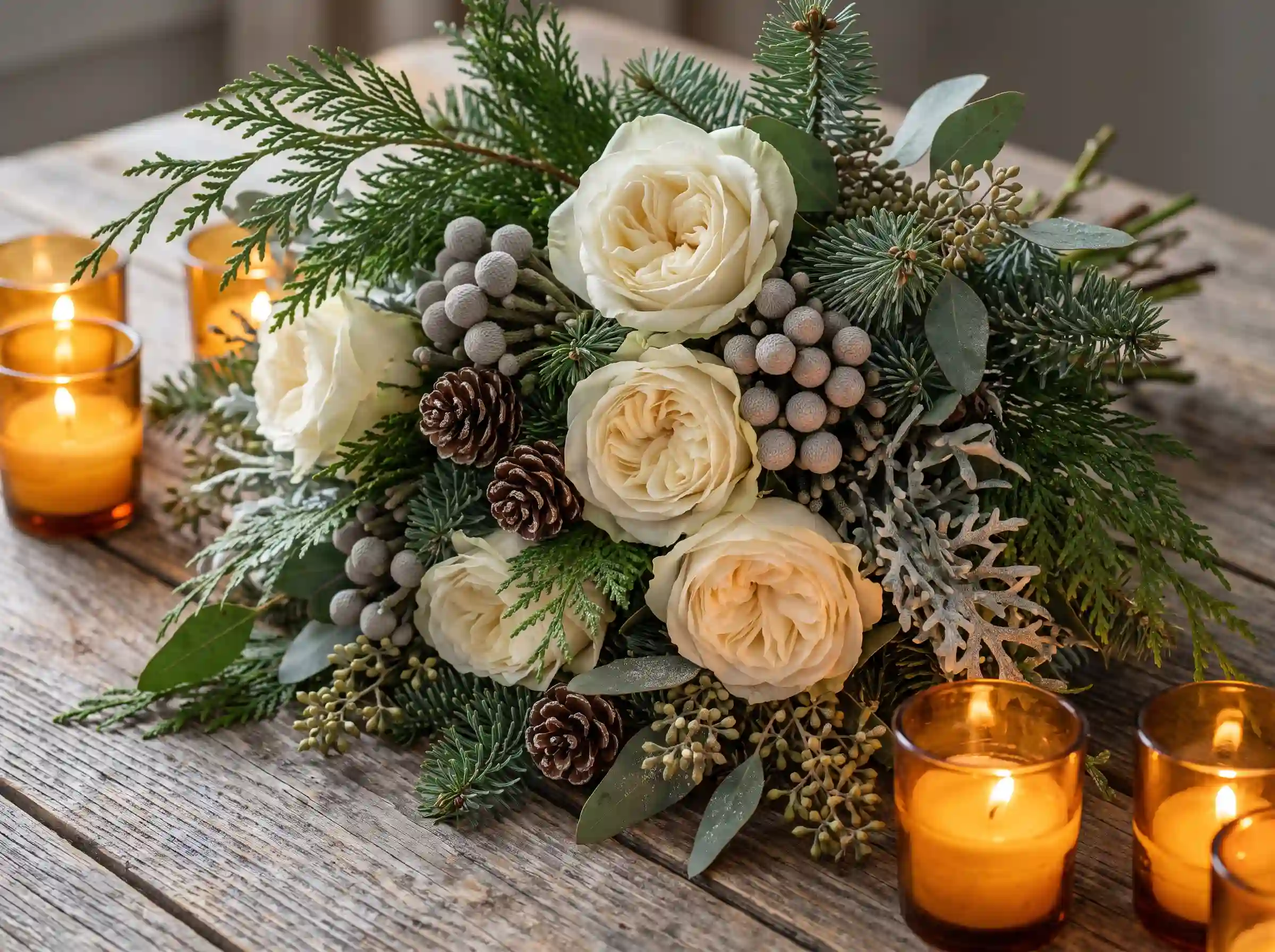 Rustic winter bouquet with ivory garden roses cedar noble fir and pinecones
