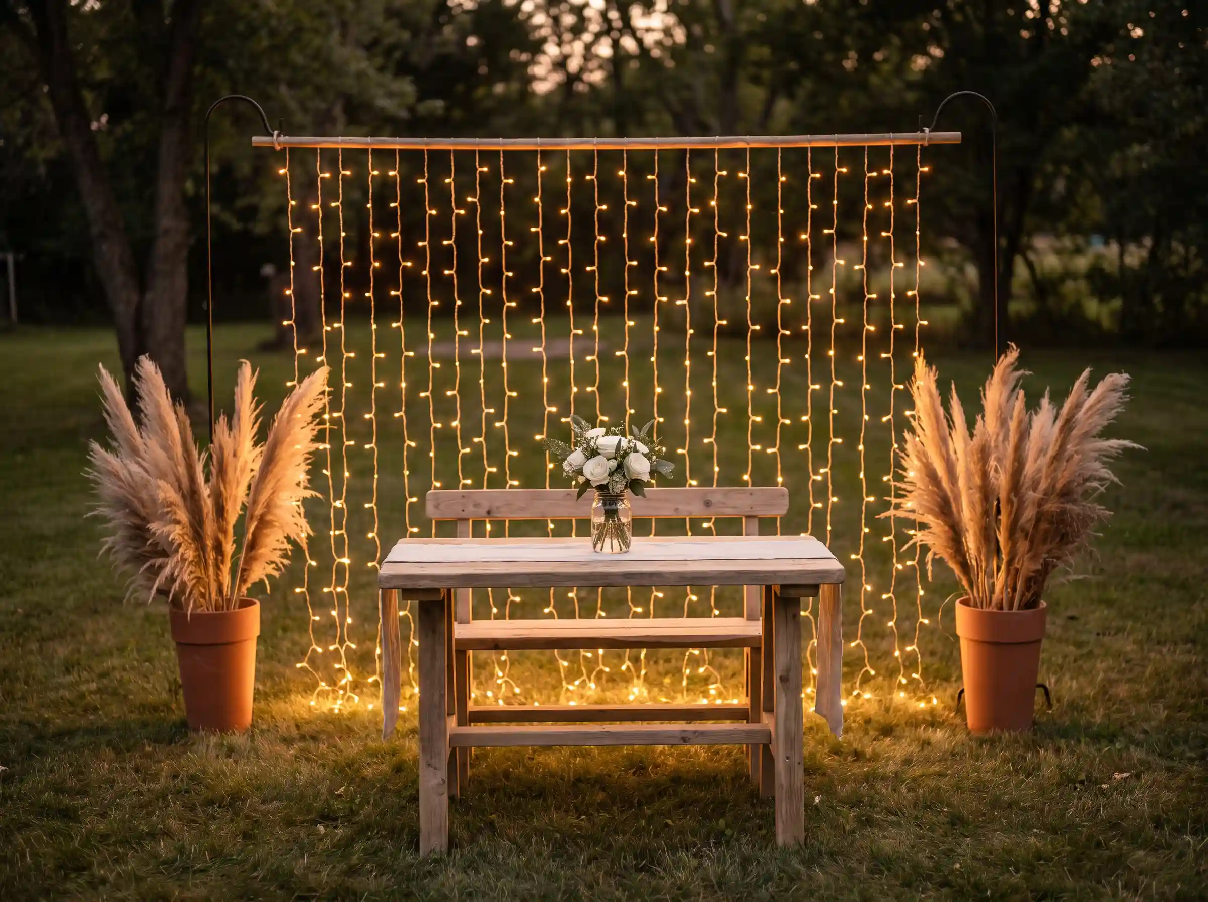 Warm micro fairy light curtain backdrop behind sweetheart table with pampas grass in terracotta pots