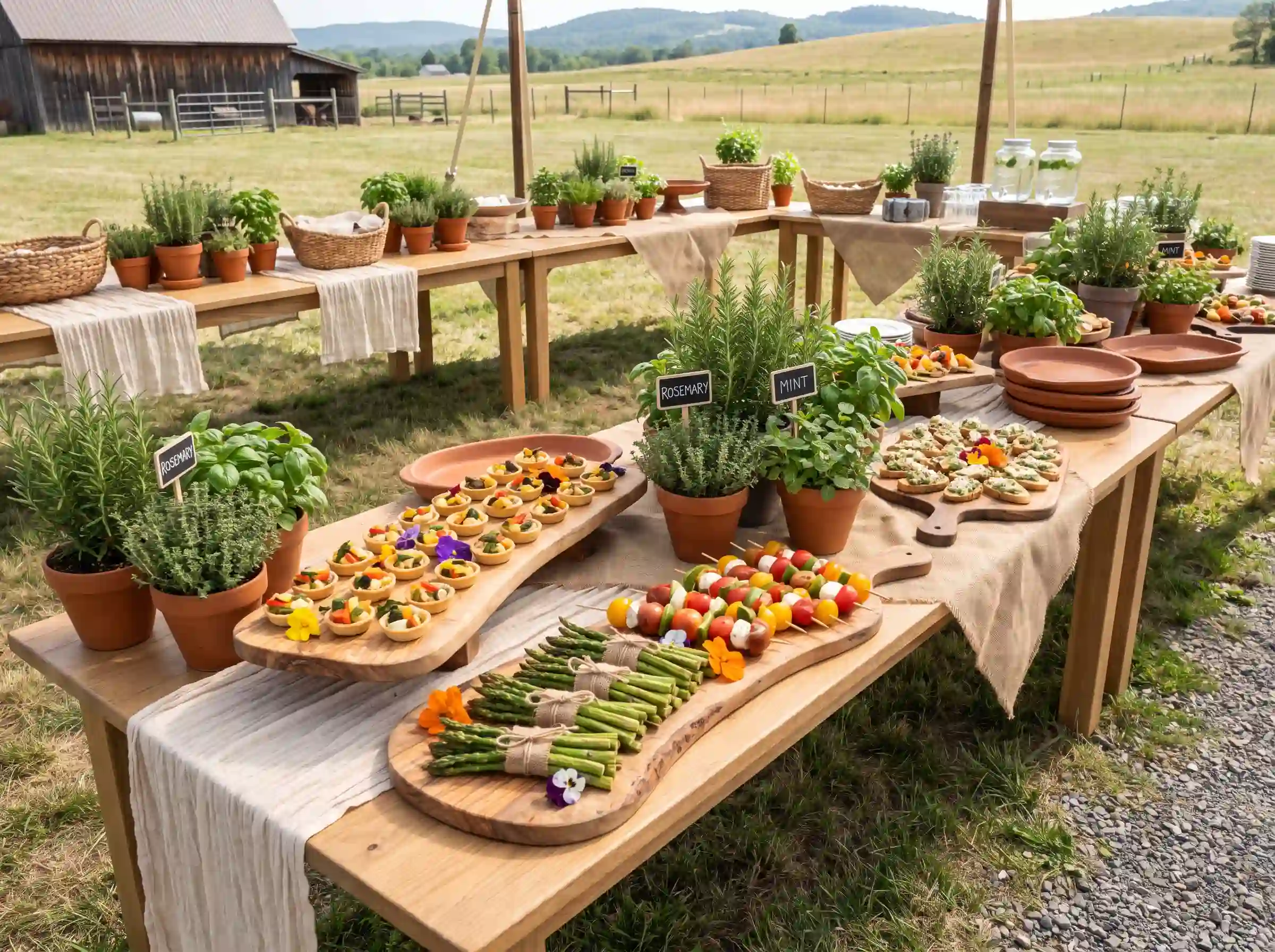 Farm-to-table wedding buffet with wooden boards seasonal vegetables herb centerpieces and natural daylight