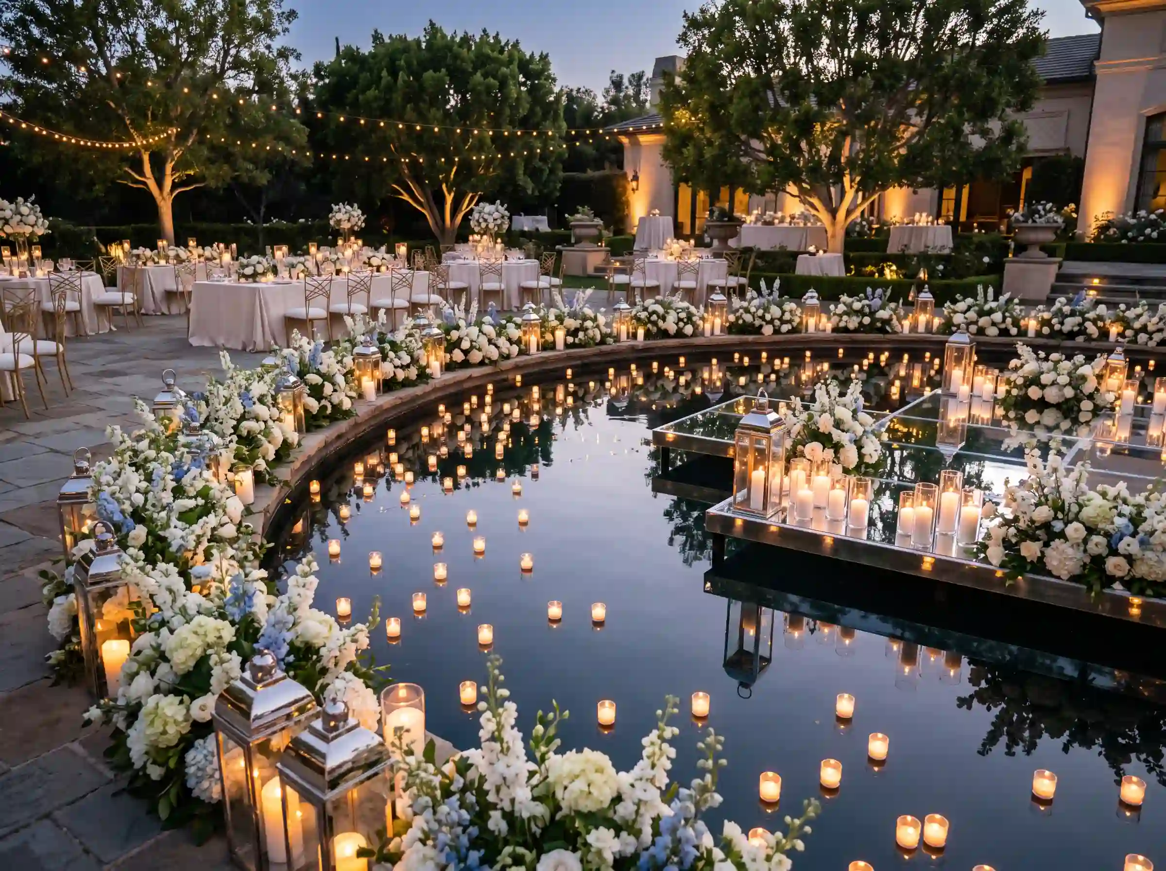 Floating candle reflection garden with mirrored lanterns along a peaceful pond at an evening reception