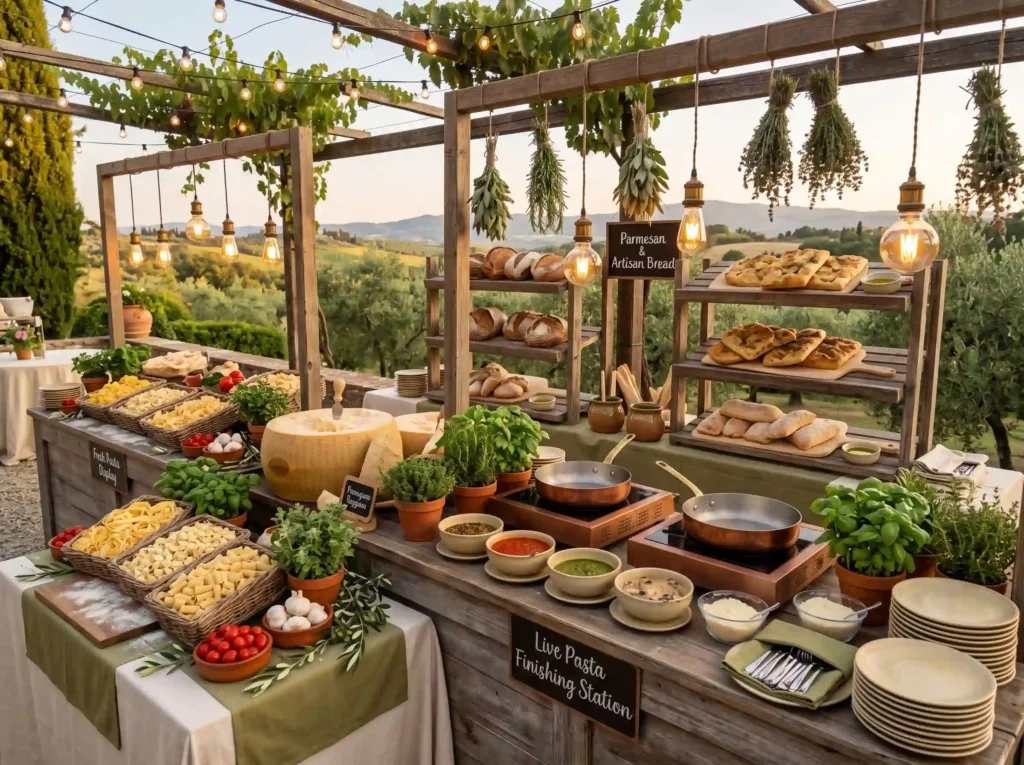 Italian Pasta Workshop Inspiration Rustic Italia Pasta workshop wedding buffet setup