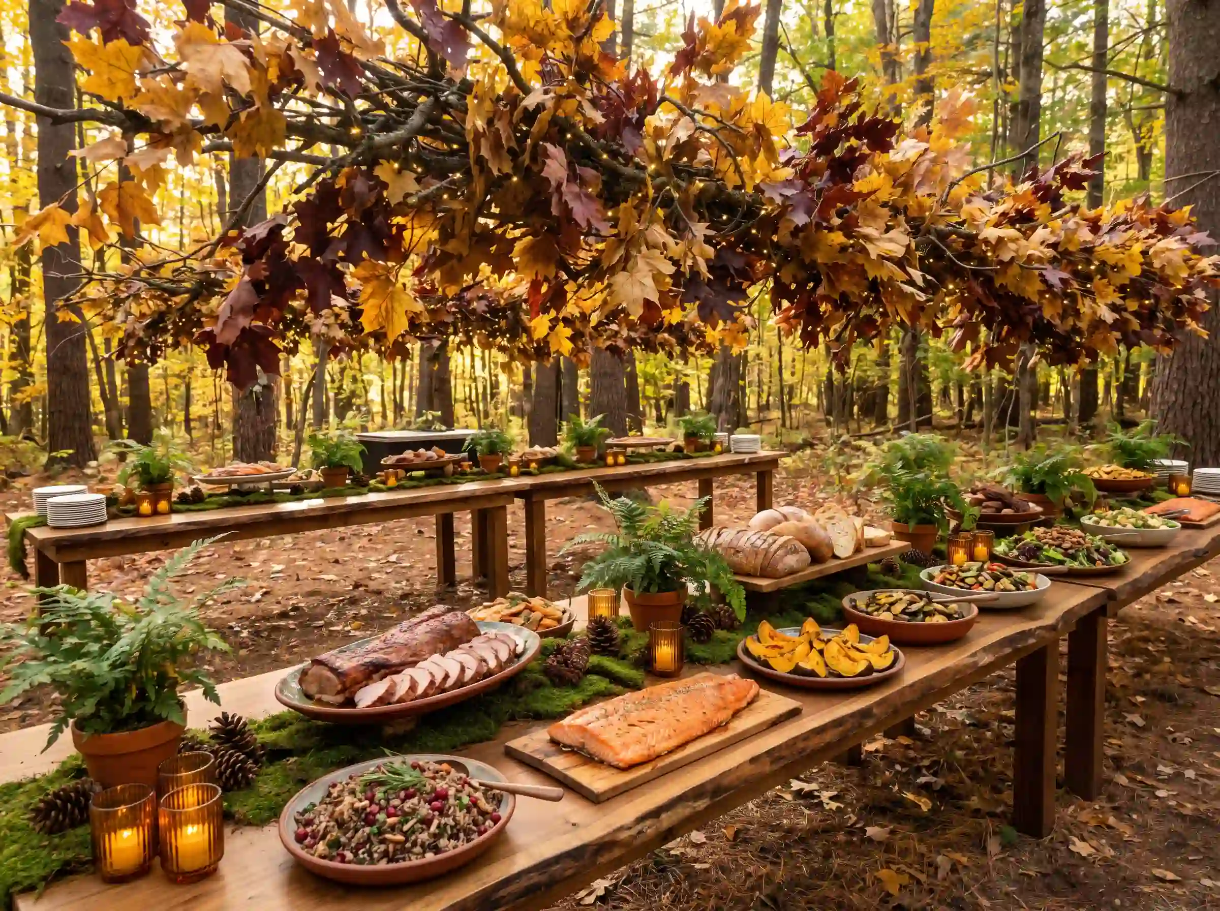 Woodland wedding feast buffet with live-edge tables and suspended autumn maple branch installation