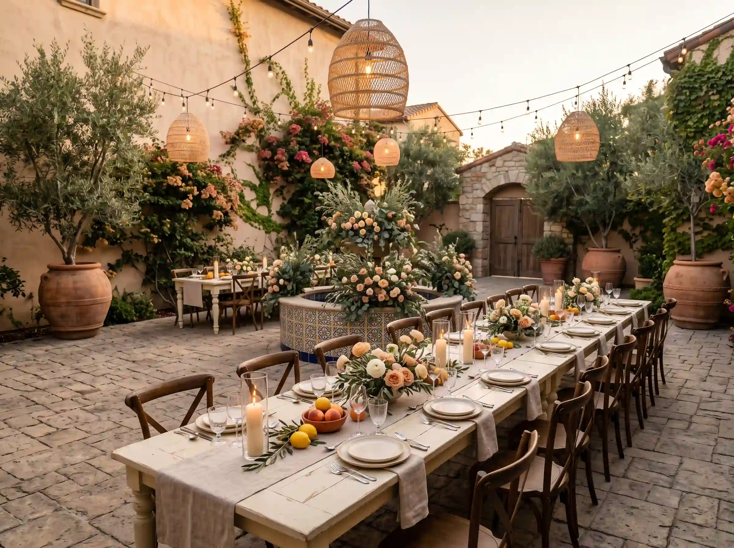 Mediterranean courtyard reception with terracotta planters, olive trees, and woven pendant lights at dusk