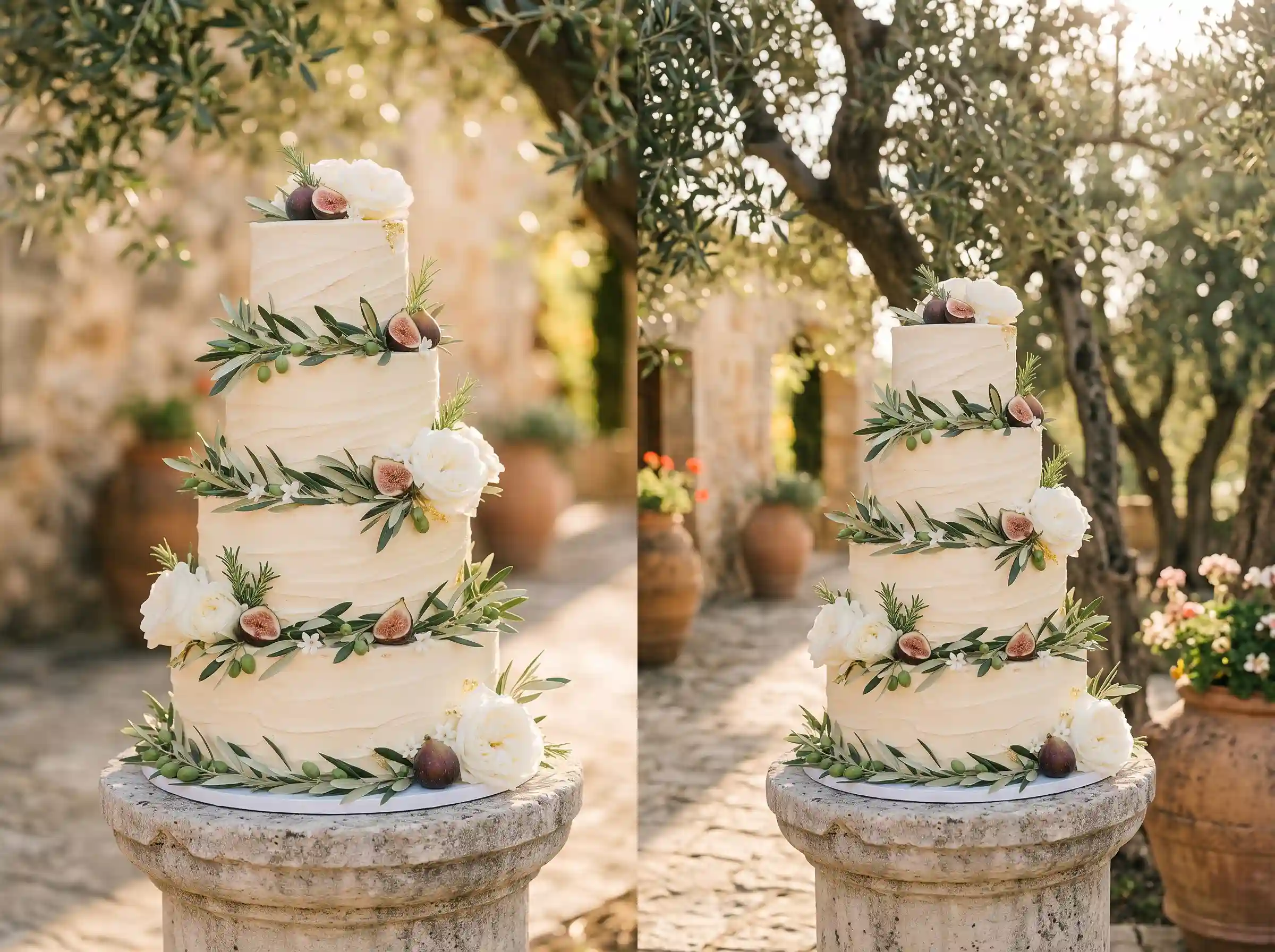 Sophisticated Mediterranean wedding cake adorned with olive branches and rustic natural greenery details