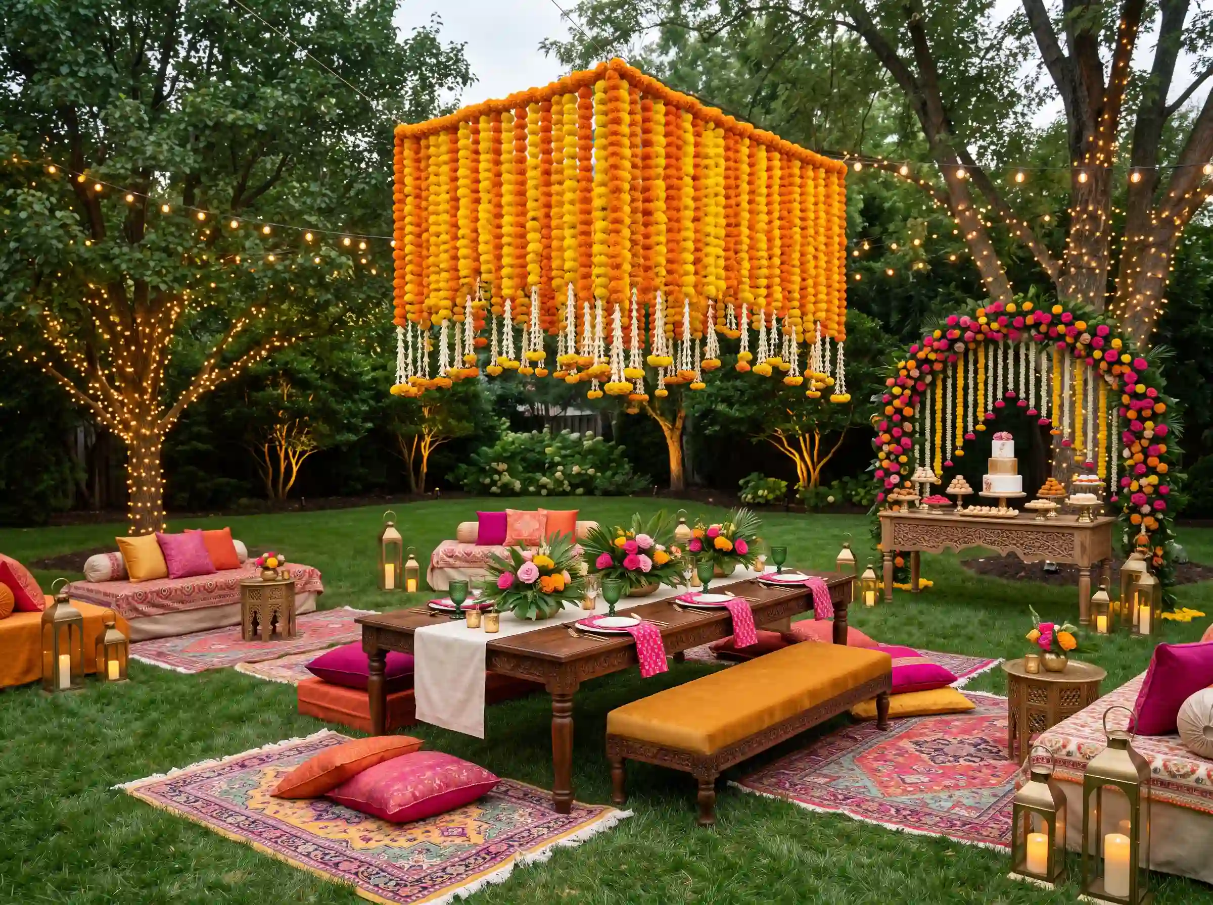Modern mehndi reception garden with saffron marigold garlands brass lanterns and emerald green accents