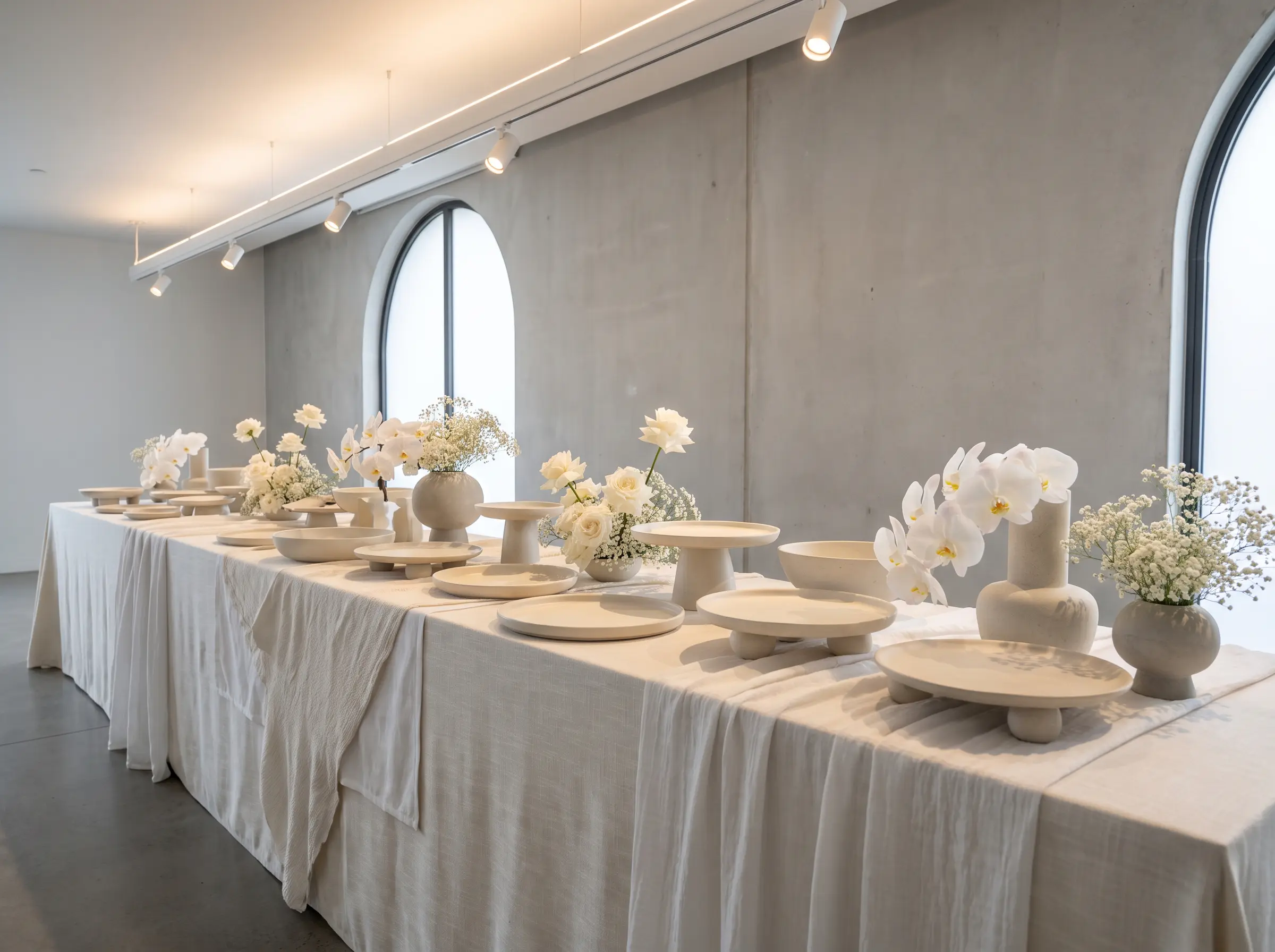Monochrome ivory wedding buffet with sculptural ceramic serveware and white orchid arrangements