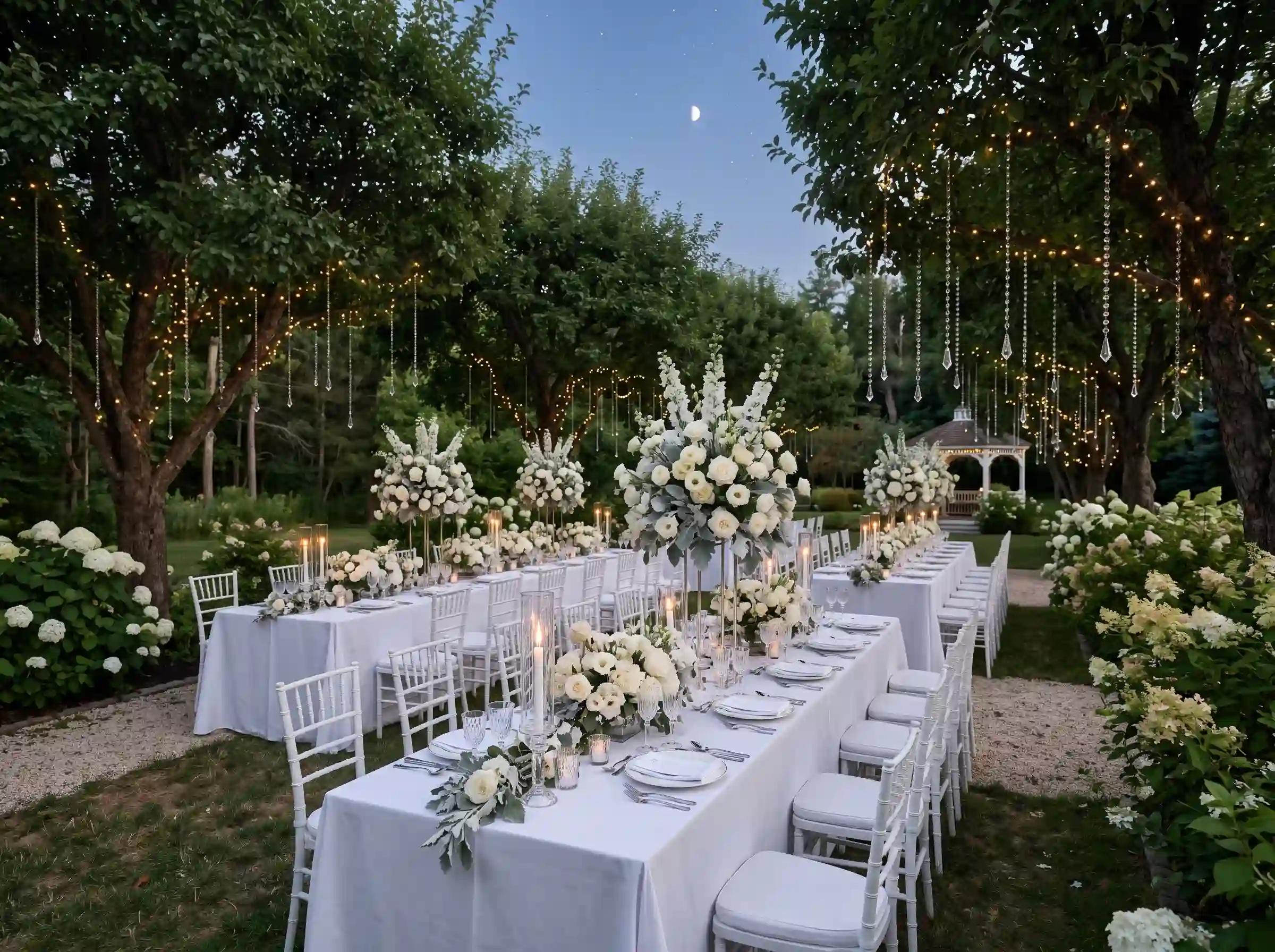 Moonlit white garden soirée wedding with all-white floral arrangements glowing under soft moonlight ambiance