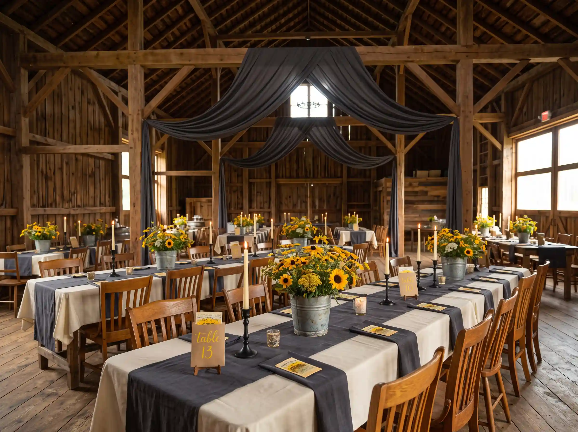 Barn reception with mustard yellow sunflowers in galvanized buckets and charcoal linen runners on farm tables