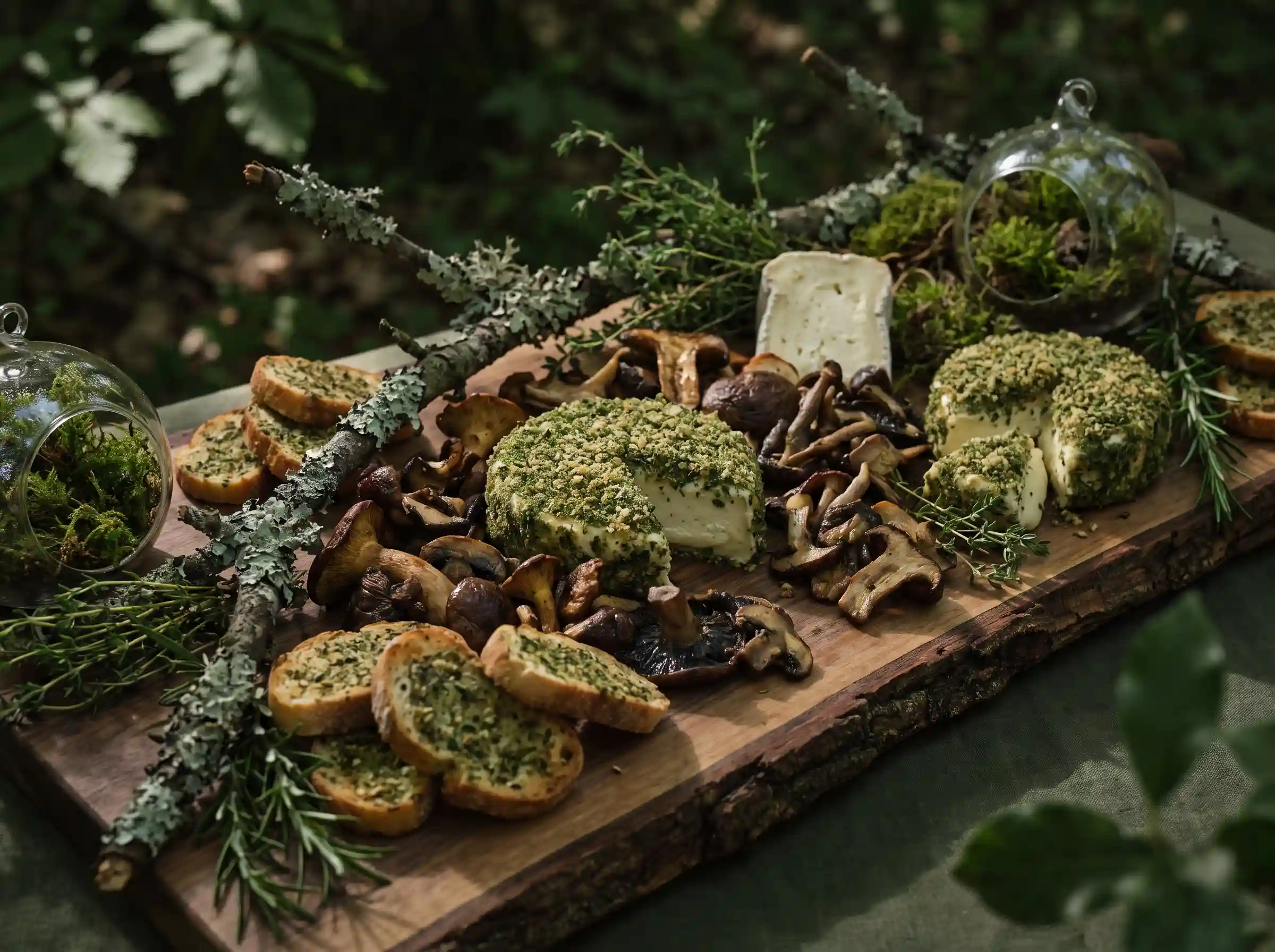 Live edge wooden slab grazing board with herb crusted cheeses roasted wild mushrooms mossy terrariums and forest canopy lighting