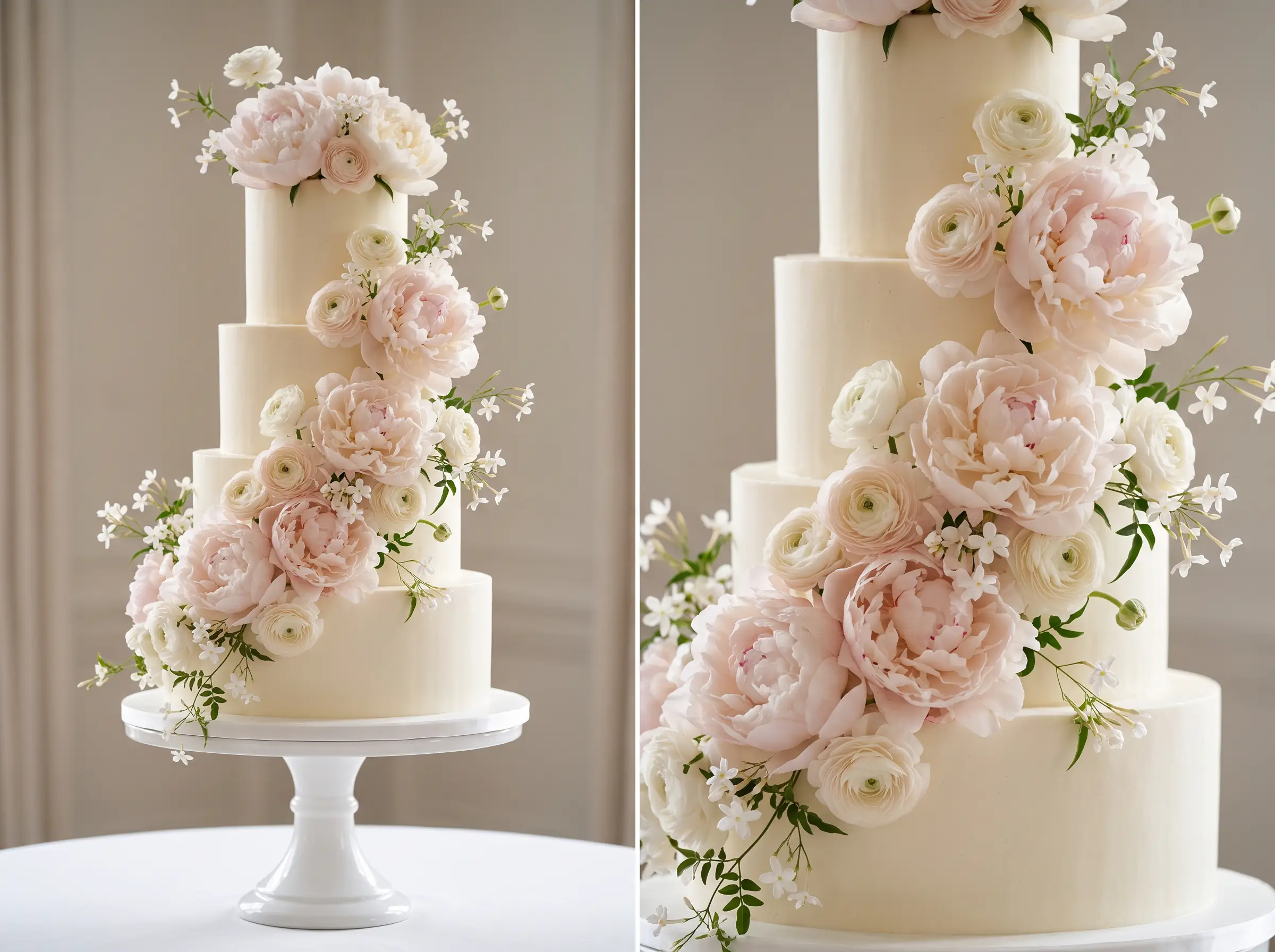 Luxurious peony garden wedding cake with oversized pink peonies cascading down white tiers