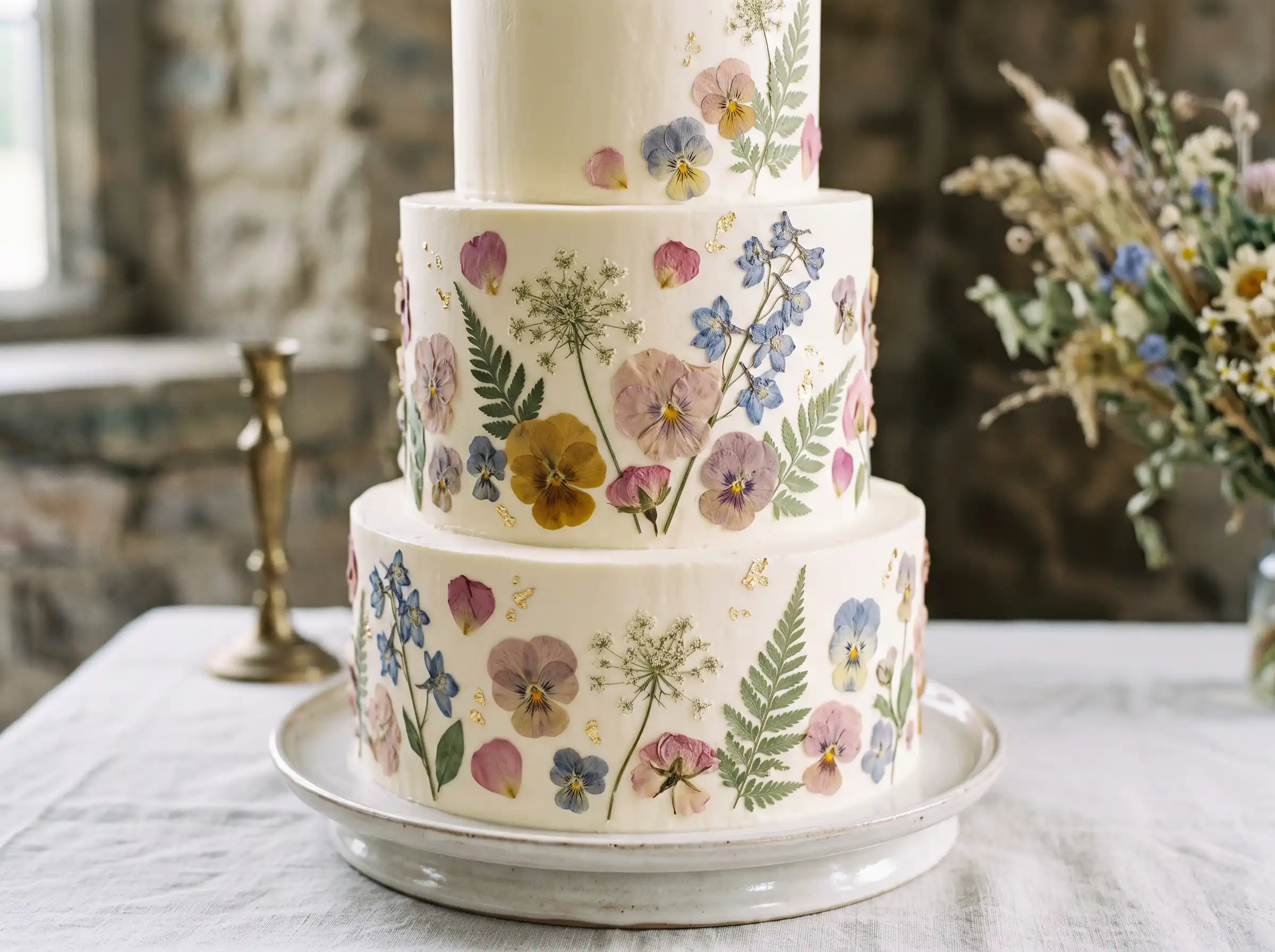 Vintage-inspired wedding cake with pressed floral botanical designs on smooth fondant tiers